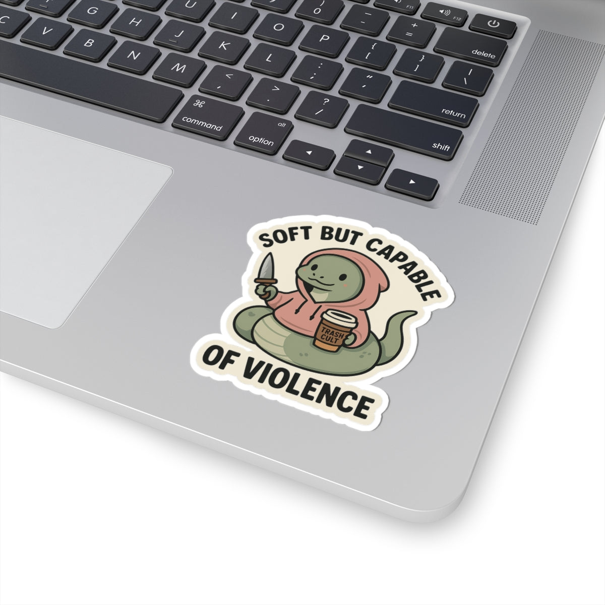 “Soft But Capable of Violence” Sticker – Cute Snake with Knife & Latte