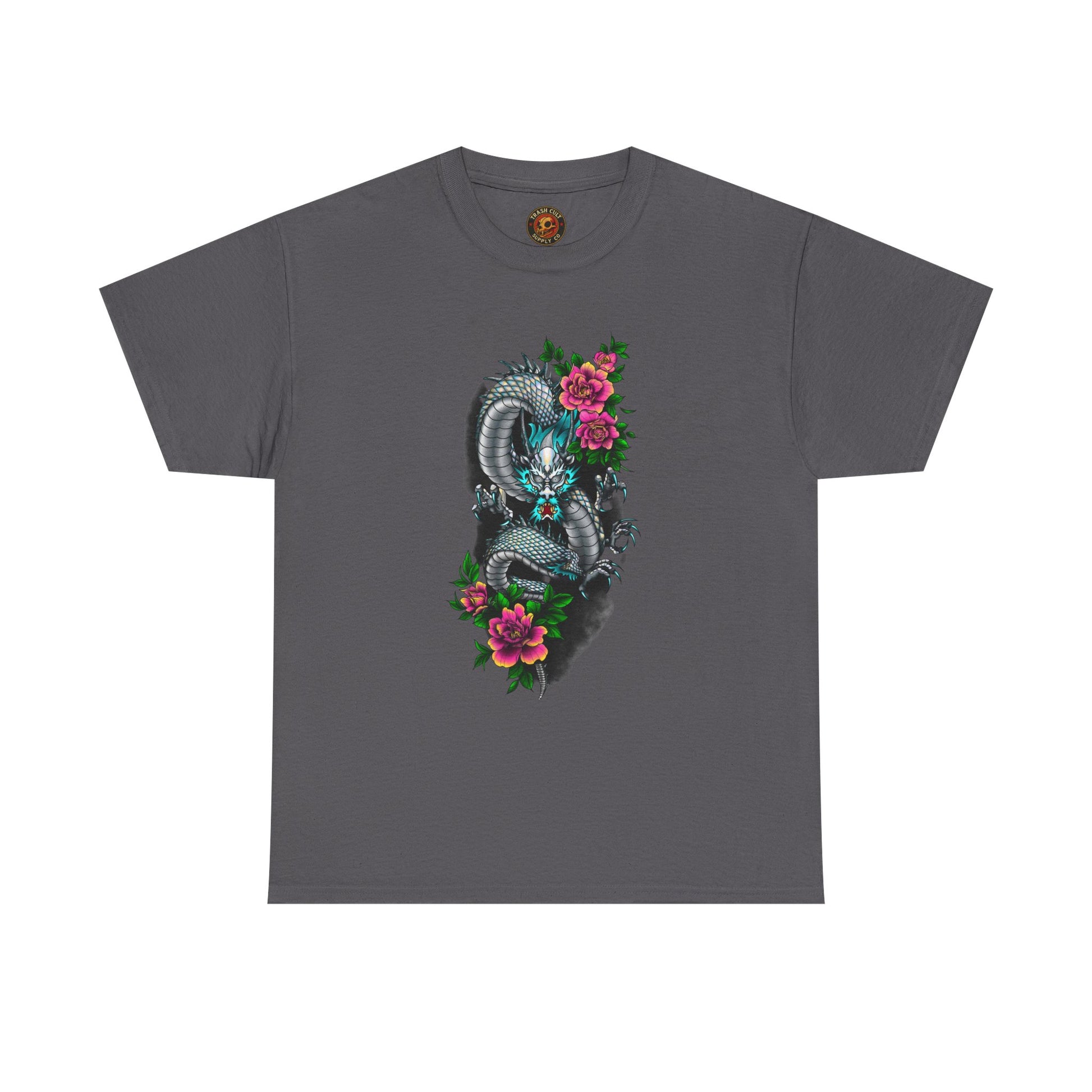 Mythic Dragon & Peonies Tattoo T-Shirt – Lara Davenport x Trash Cult Supply Co. Collab (Gildan 5000)