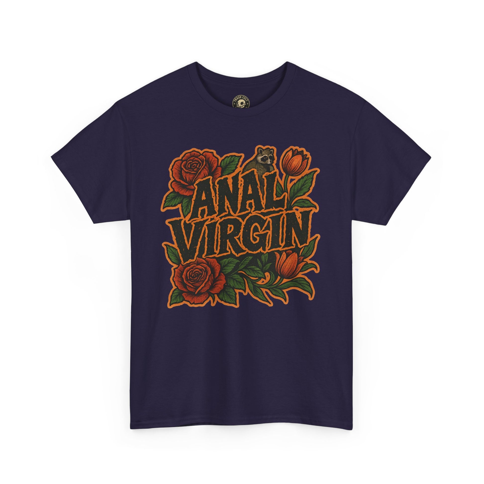 Anal Virgin Bold Floral Trashcore Tee – Funny Raccoon Shirt – Gildan 5000