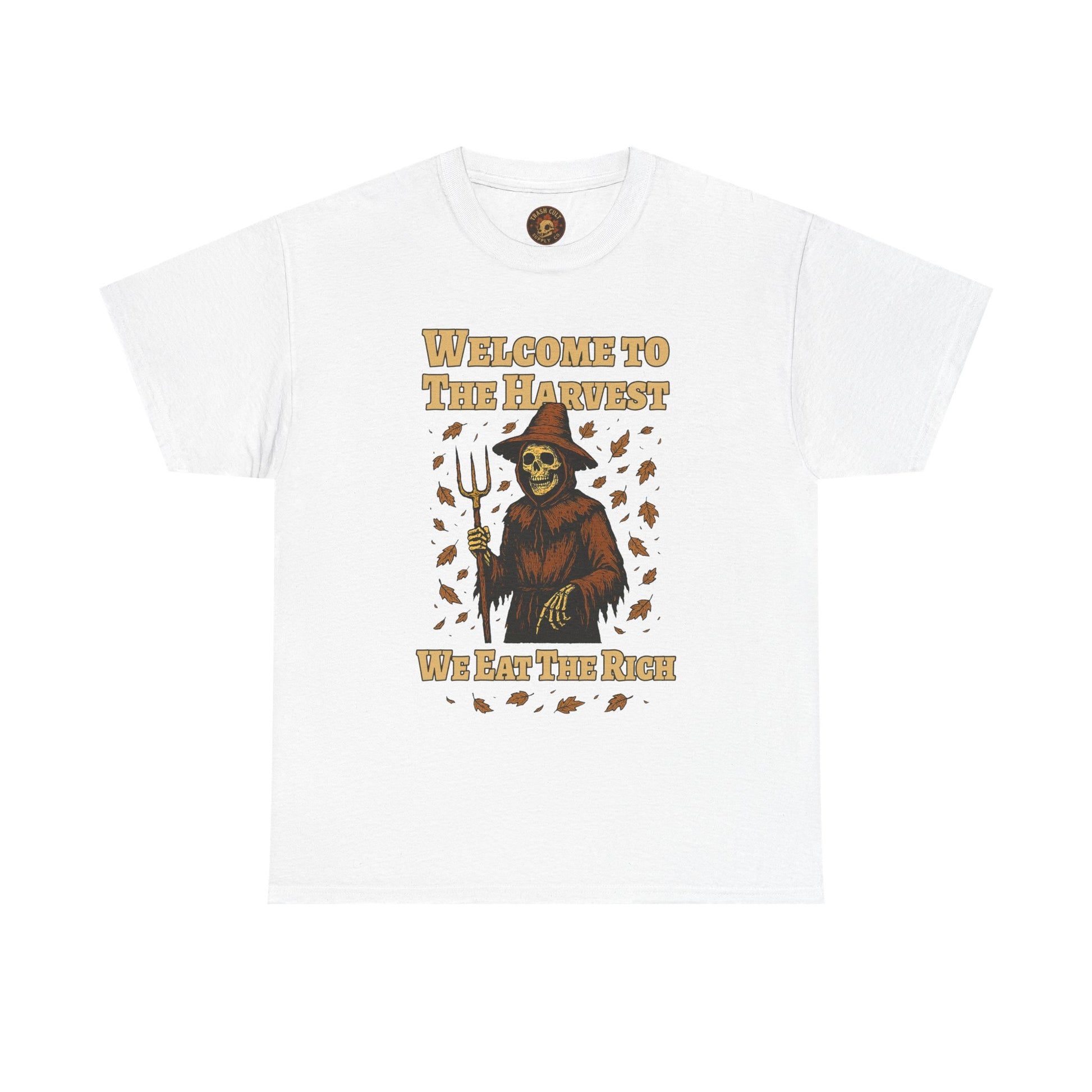 Eat the Rich Shirt – Welcome to the Harvest Skeleton Scarecrow Tee – Fall of Humanity Collection – Trash Cult Supply Co.