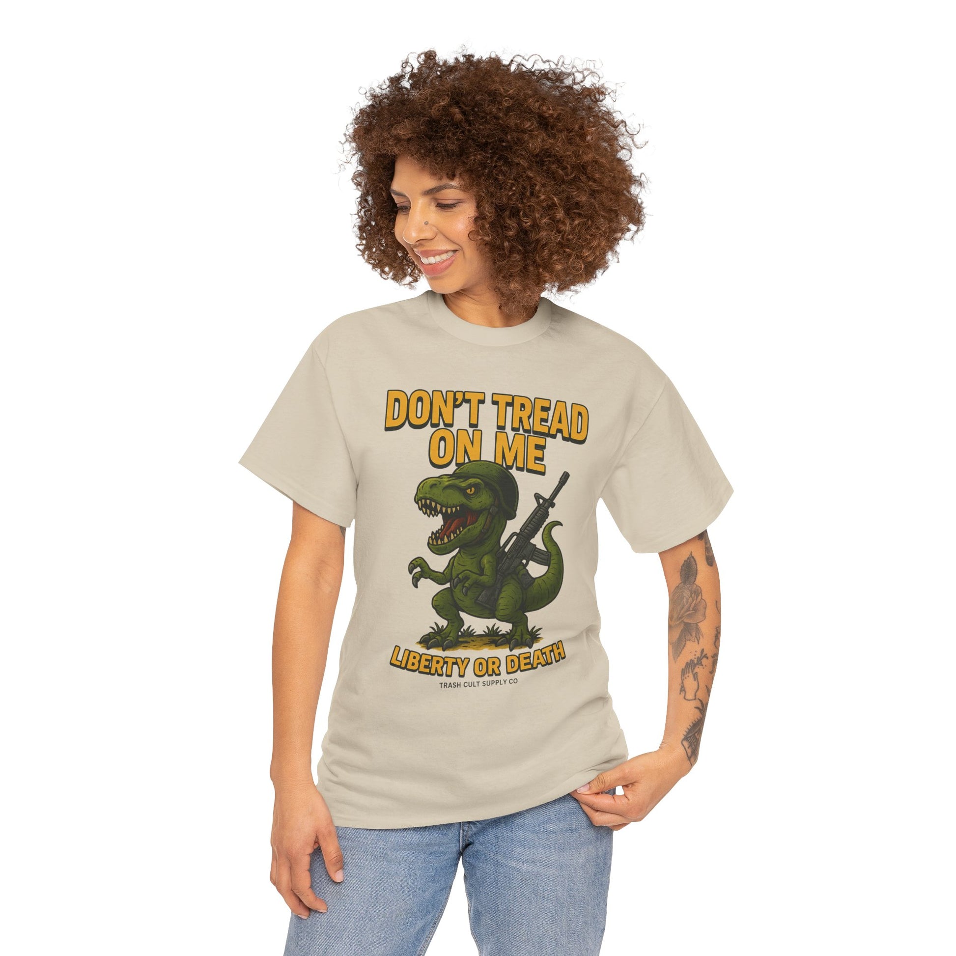 Don’t Tread On Me T-Rex T-Shirt – Liberty or Death Graphic | Trash Cult Supply Co. | Gildan 5000 Heavy Cotton