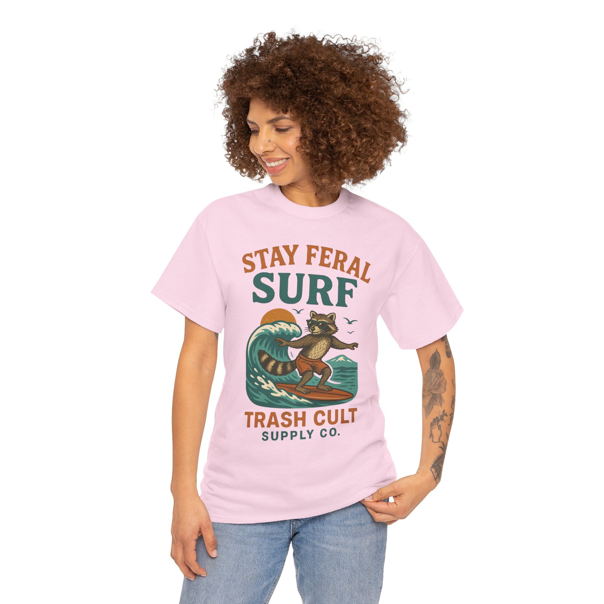 Stay Feral Surf Shirt – Retro Raccoon Beach Tee – Trash Cult Supply Co – Gildan 5000