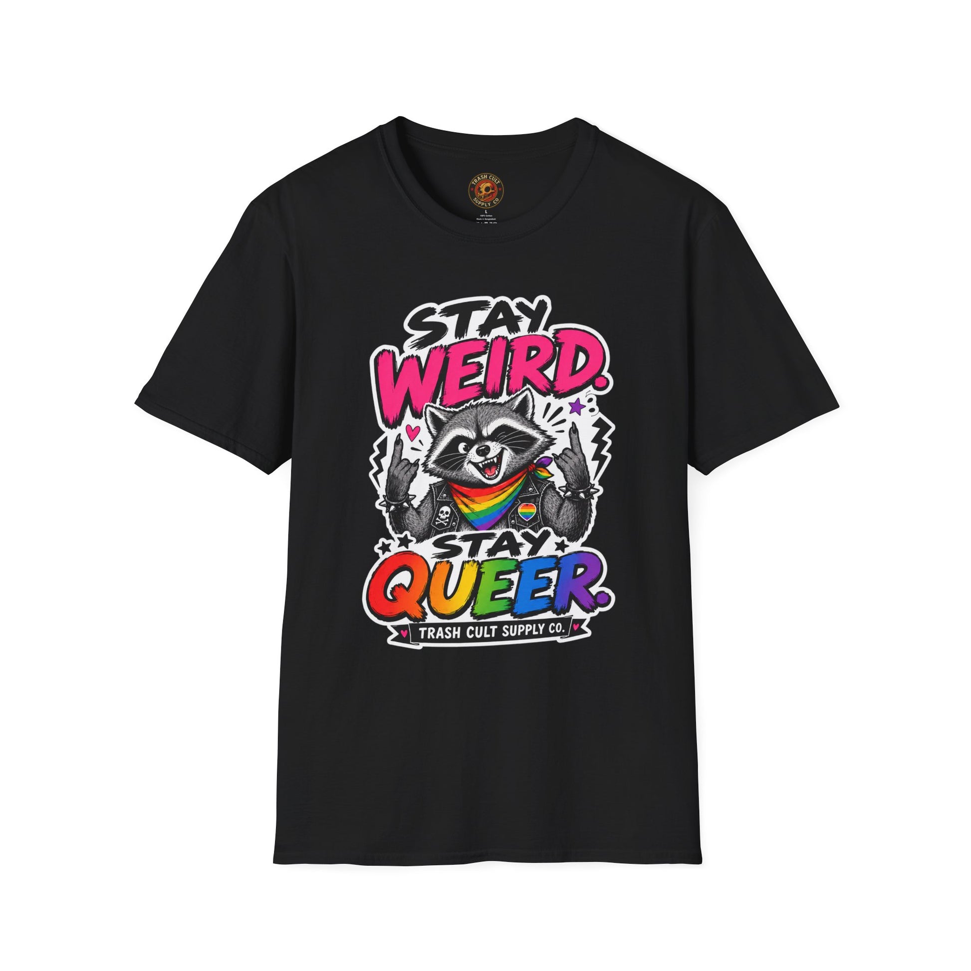 T-Shirt — "Stay Weird" Pride Raccoon Tee (Stay Queer)