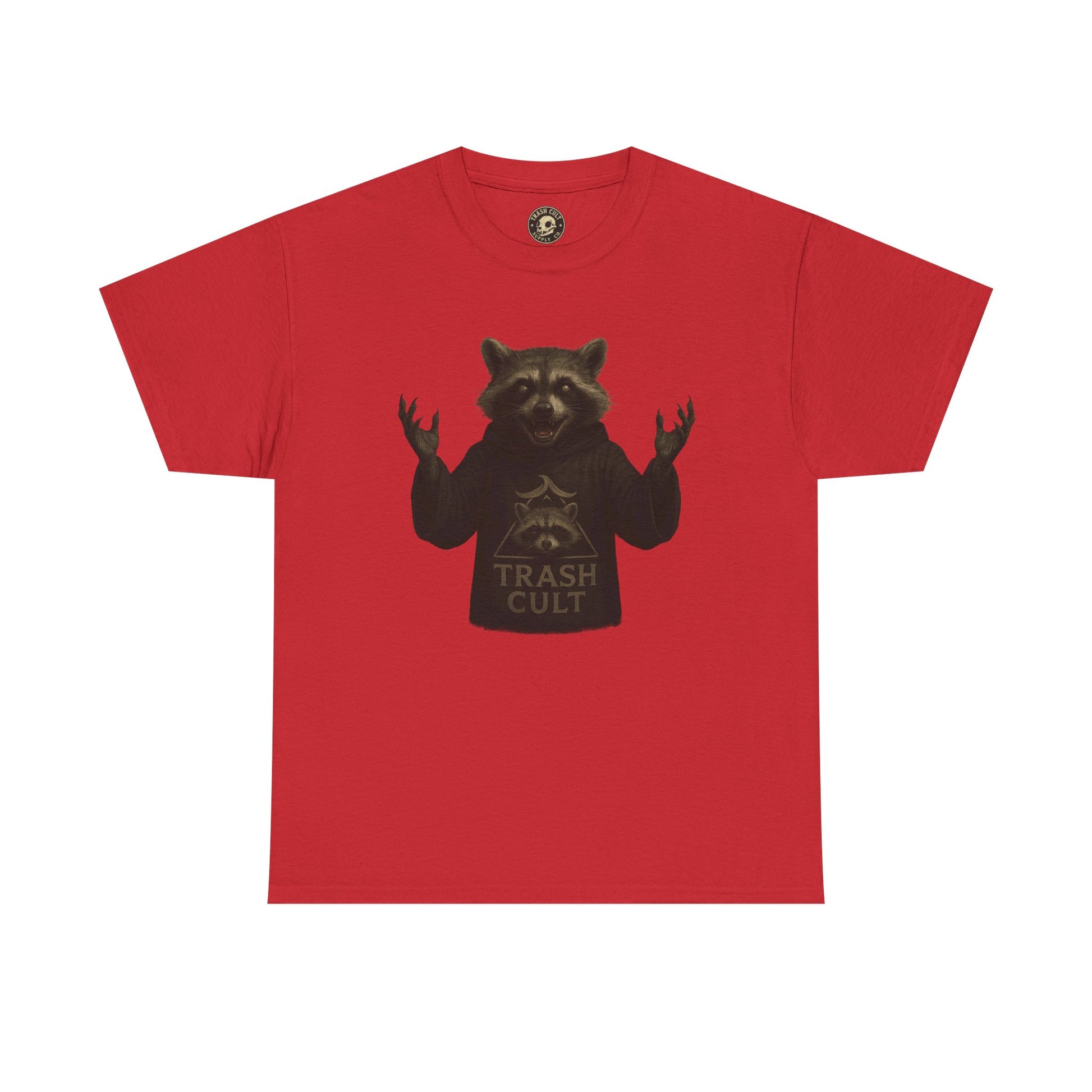 Raccoon Cult Leader Shirt – Trash Cult Unhinged Mascot Tee for Dark Fabrics | Gildan 5000