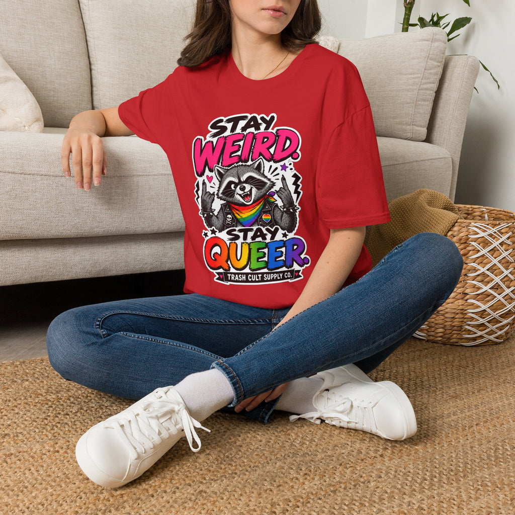 T-Shirt — "Stay Weird" Pride Raccoon Tee (Stay Queer)