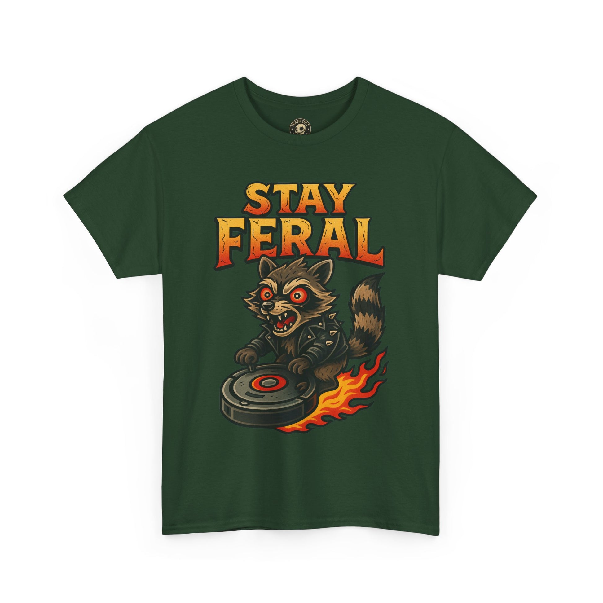 Stay Feral Roomba Raccoon T-Shirt – Bold New School Tattoo Style | Trash Cult Supply Co
