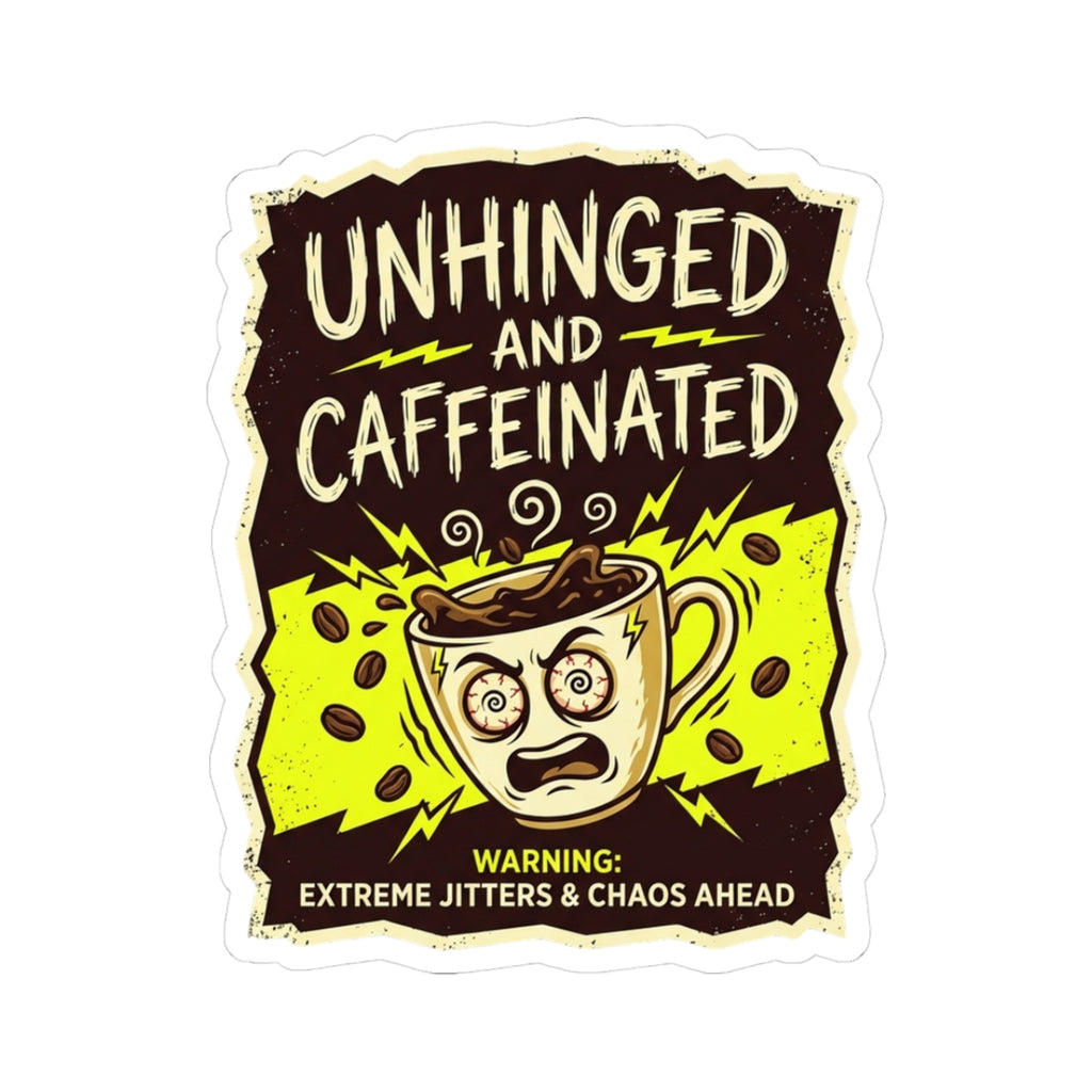 Unhinged and Caffeinated Kiss-Cut Sticker — Funny Coffee Lover Decal