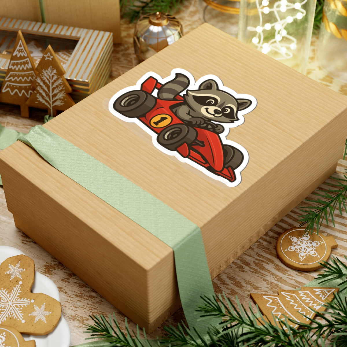 Adorable Raccoon Race Car Kiss-Cut Stickers, Fun Laptop Decal, Kids' Party Favor, Cute Car Decoration, Perfect for Gift Wrapping