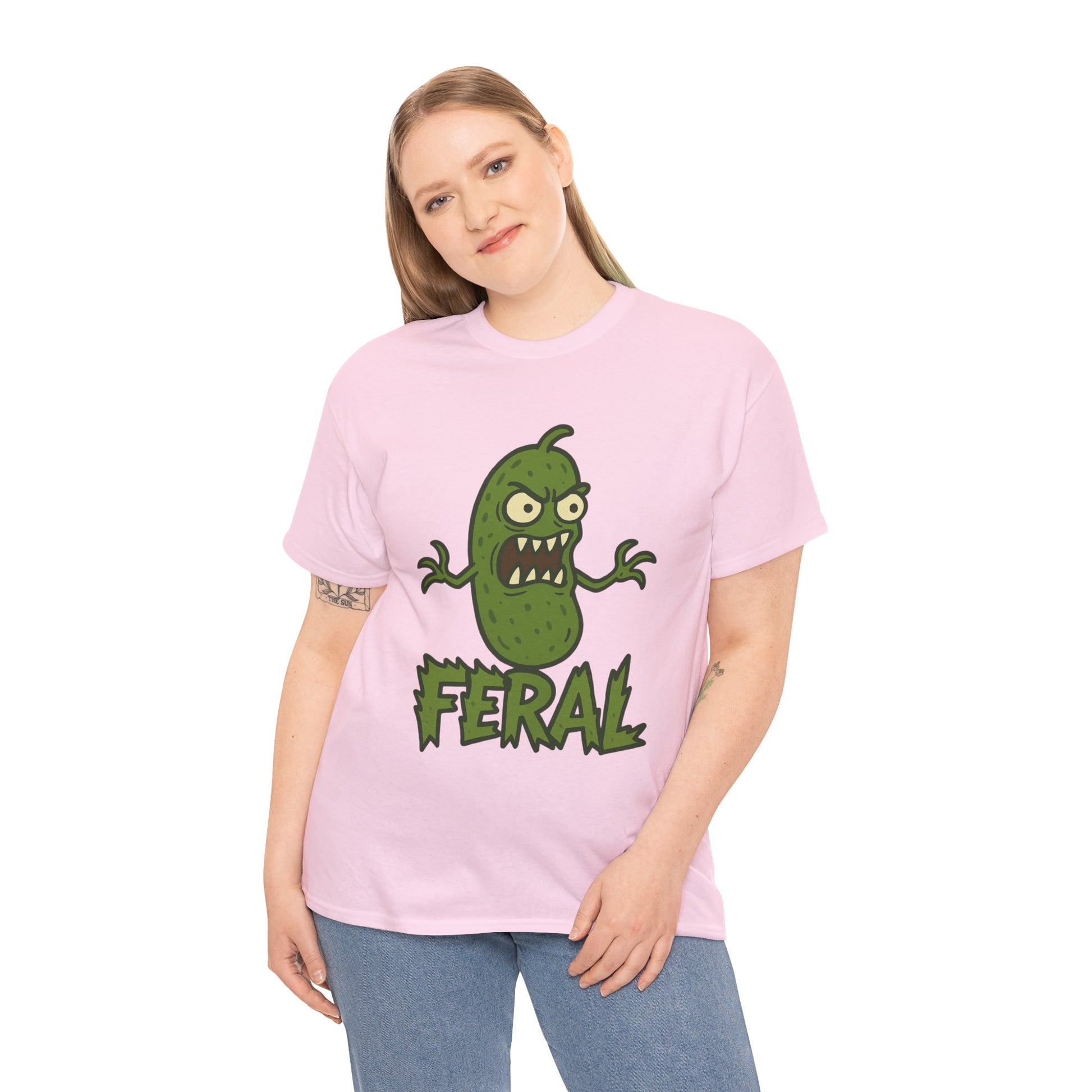 Feral Pickle Cartoon Tee – Trashcore Angry Pickle Shirt – Gildan 5000 Unisex Heavy Cotton