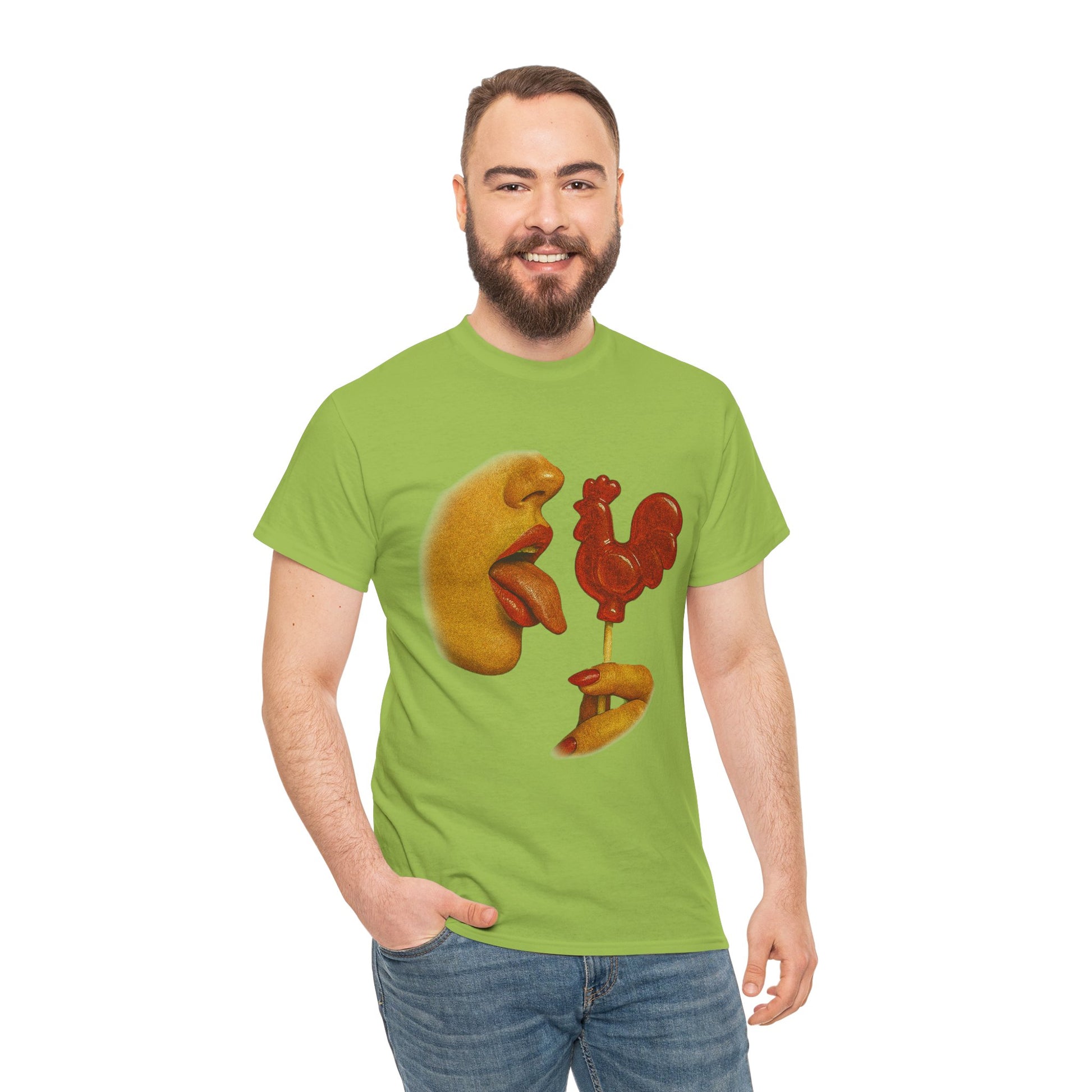 Bold Retro Halftone Tease – Red Rooster Lollipop Graphic Tee