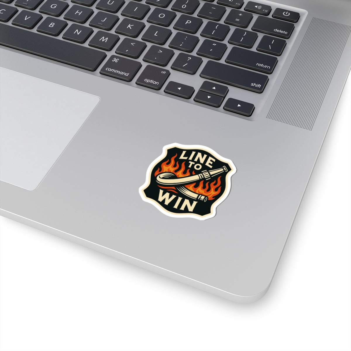 Line to Win – Bold Firefighter Sticker – Kiss-Cut Glossy Vinyl Decal with Fire Hose and Flame Design