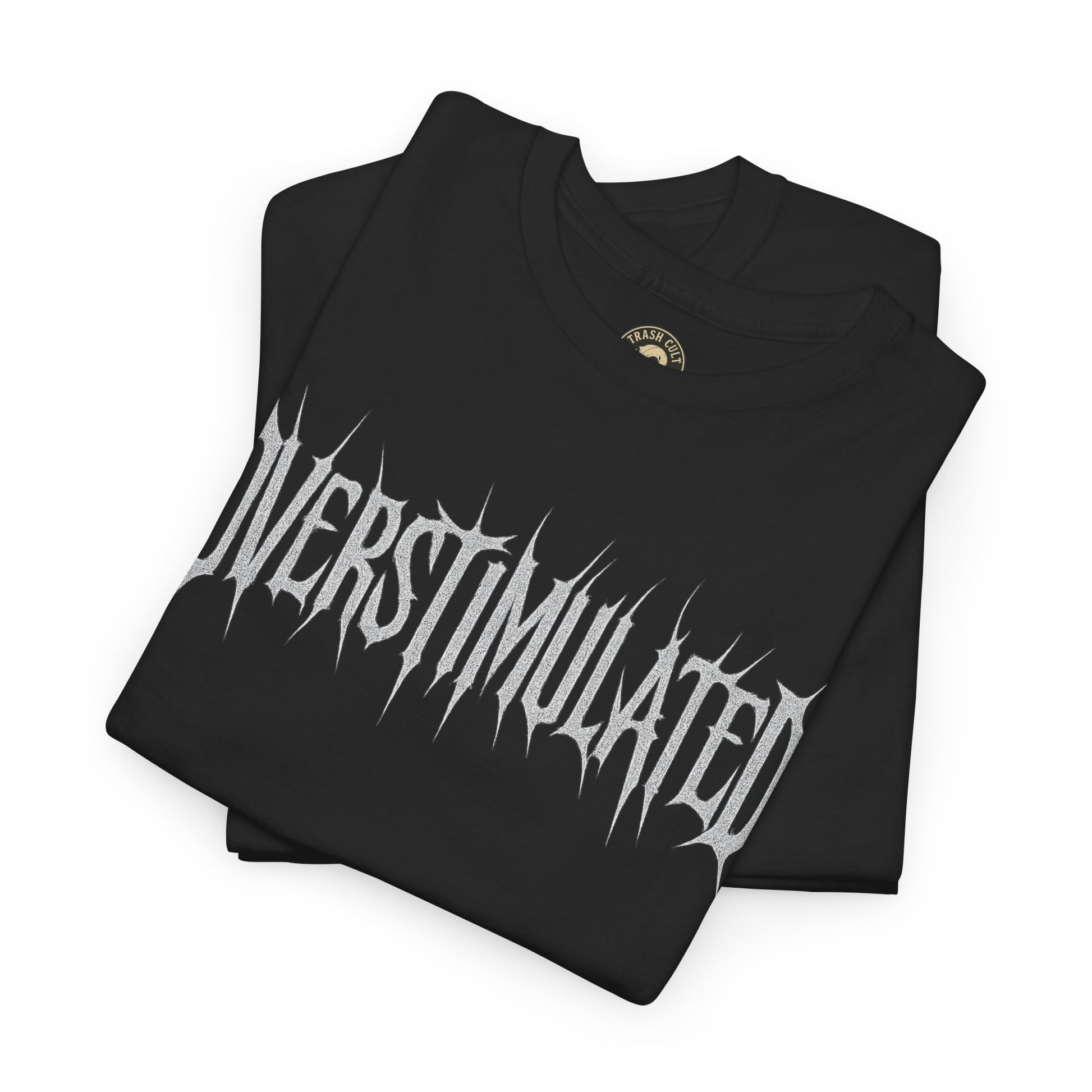 OVERSTIMULATED Metalcore Grunge Shirt – White on Black Distressed Font Tee