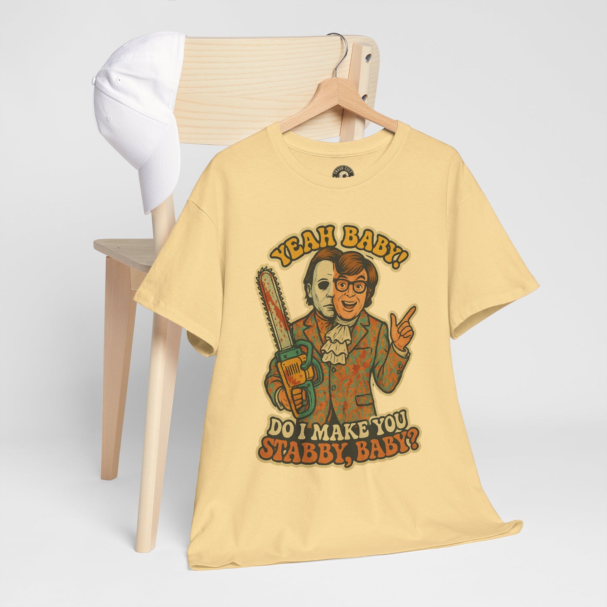 Mike Myers Parody Shirt – “Do I Make You Stabby, Baby?” Funny Horror Mashup Tee – Gildan 5000 Unisex