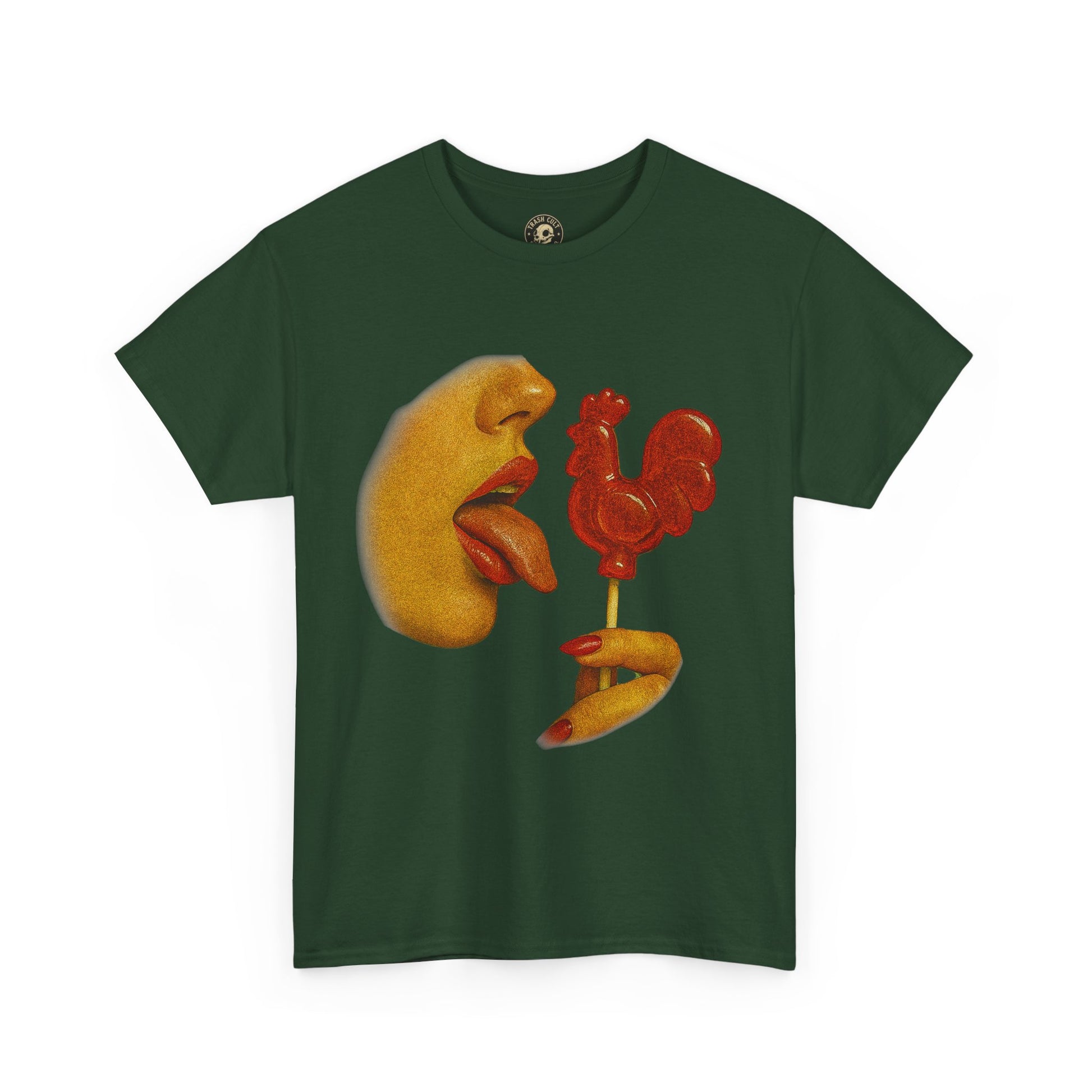 Bold Retro Halftone Tease – Red Rooster Lollipop Graphic Tee