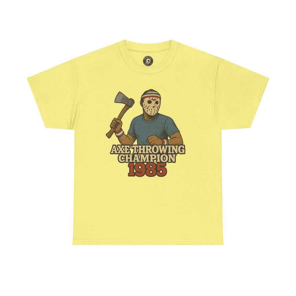 Jason Voorhees Axe Throwing Champion 1985 T-Shirt – Retro Slasher Workout Parody | Gildan 5000 Tee