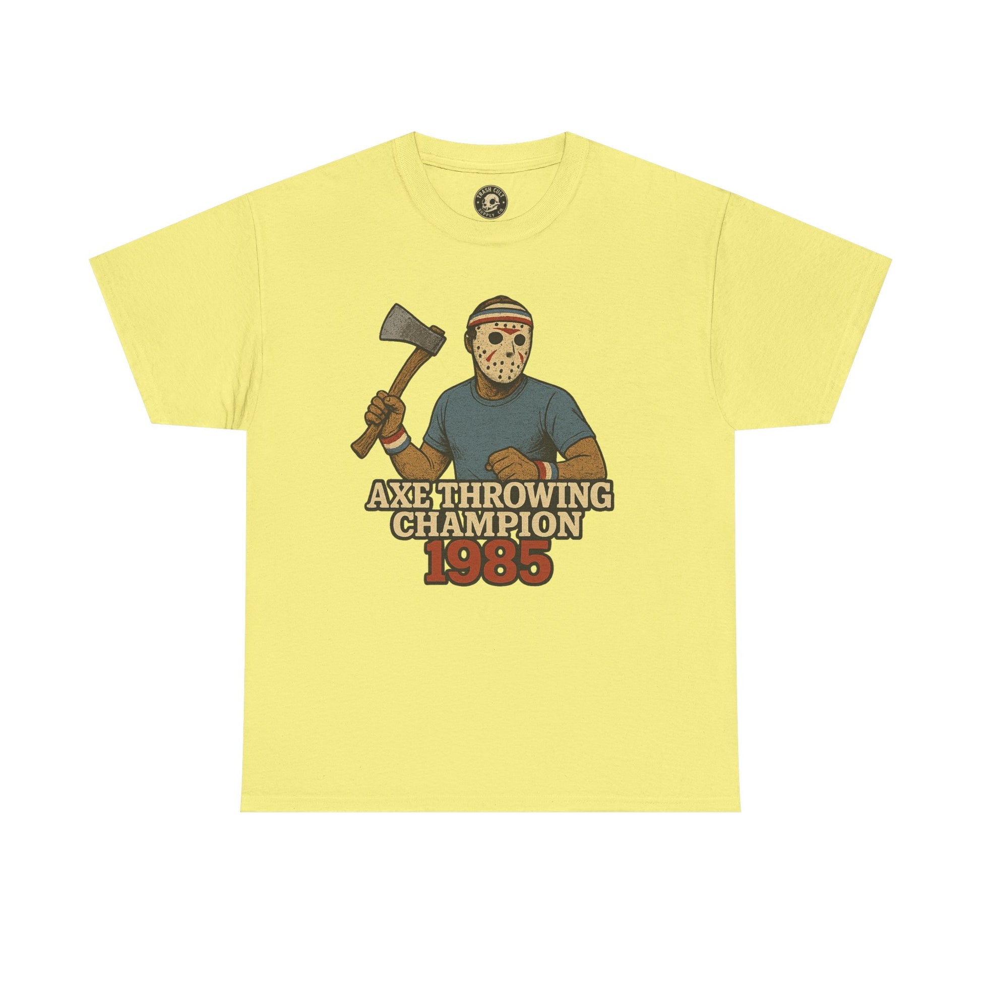 Jason Voorhees Axe Throwing Champion 1985 T-Shirt – Retro Slasher Workout Parody | Gildan 5000 Tee