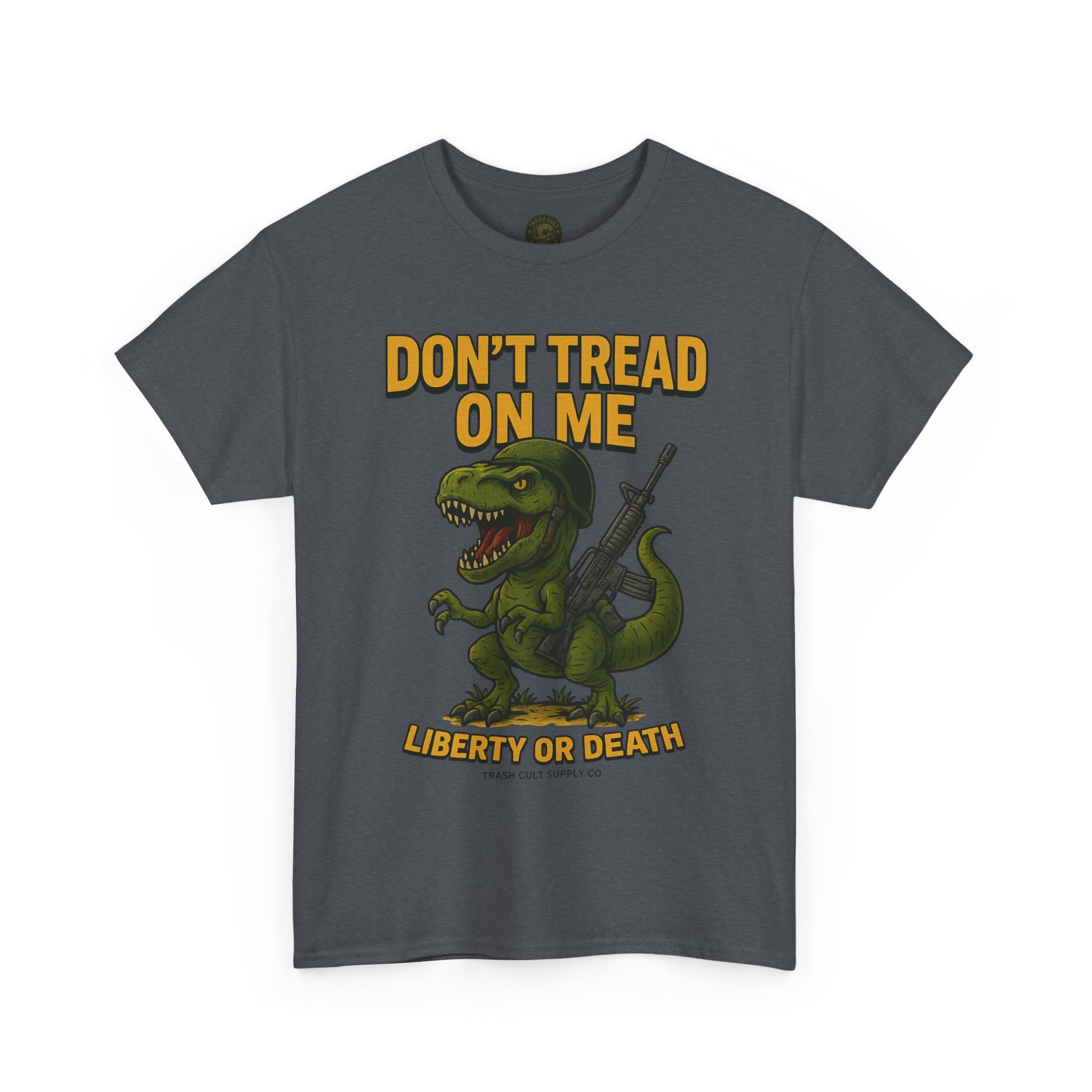 Don’t Tread On Me T-Rex T-Shirt – Liberty or Death Graphic | Trash Cult Supply Co. | Gildan 5000 Heavy Cotton