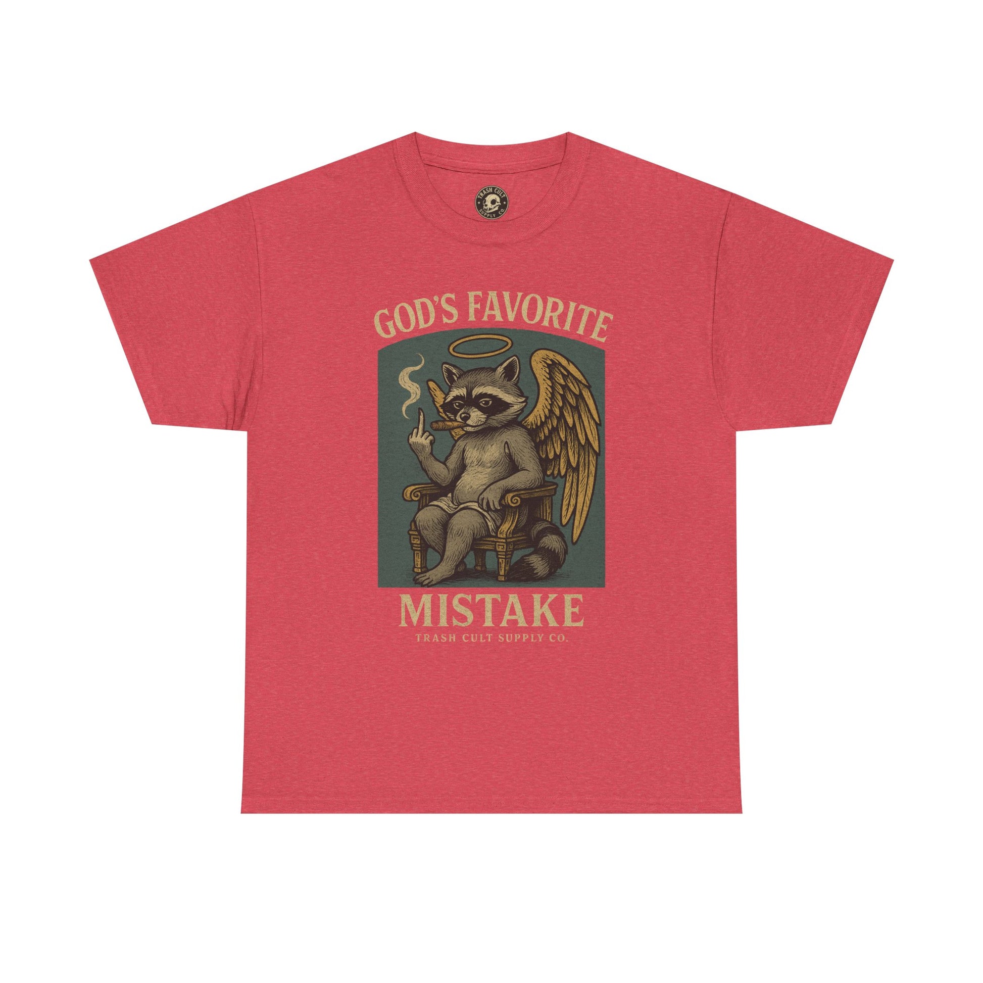 God’s Favorite Mistake Shirt – Raccoon Angel Flipping the Bird by Trash Cult Supply Co.