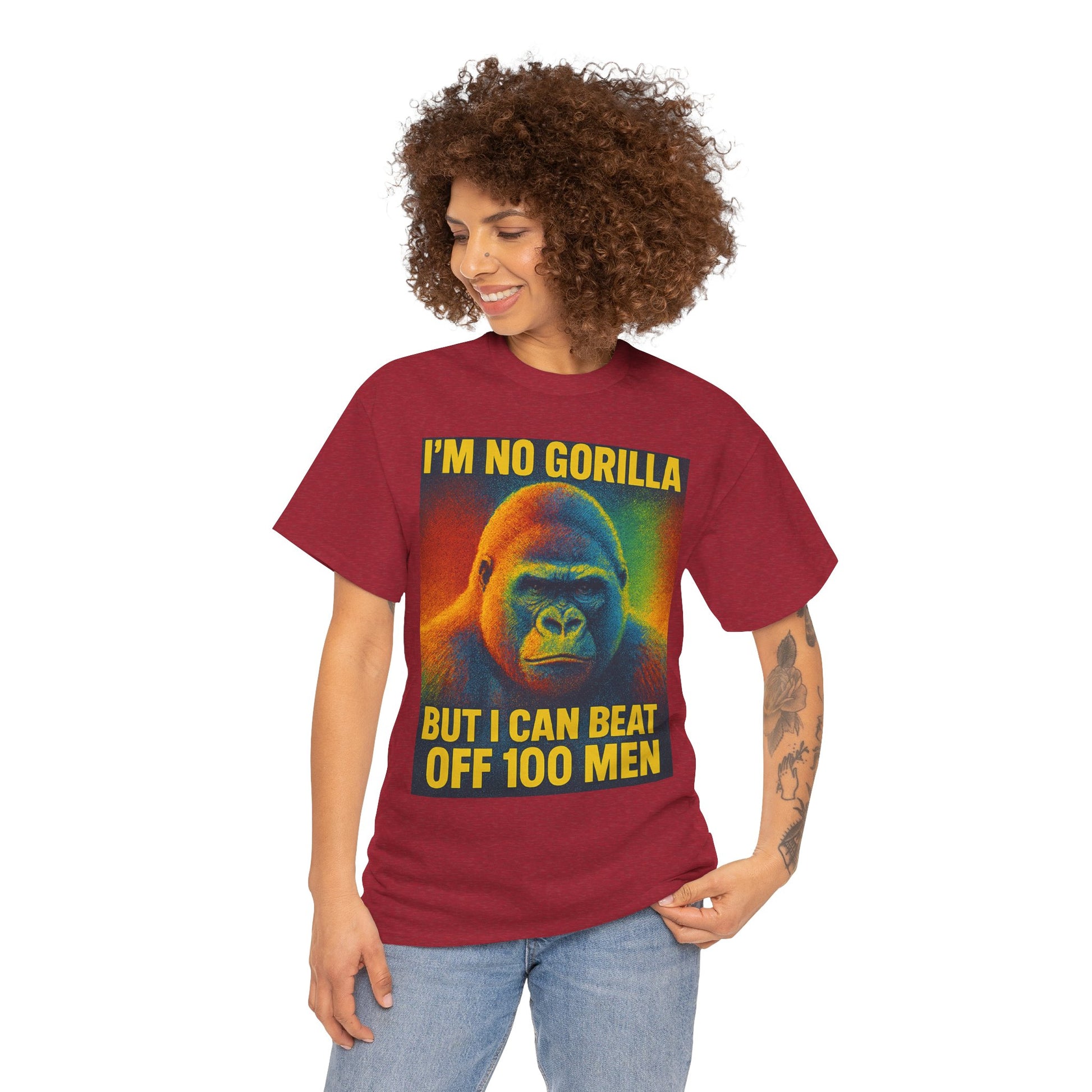I’m No Gorilla But I Can Beat Off 100 Men Shirt – Multicolor Halftone Gorilla Tee on Gildan 5000