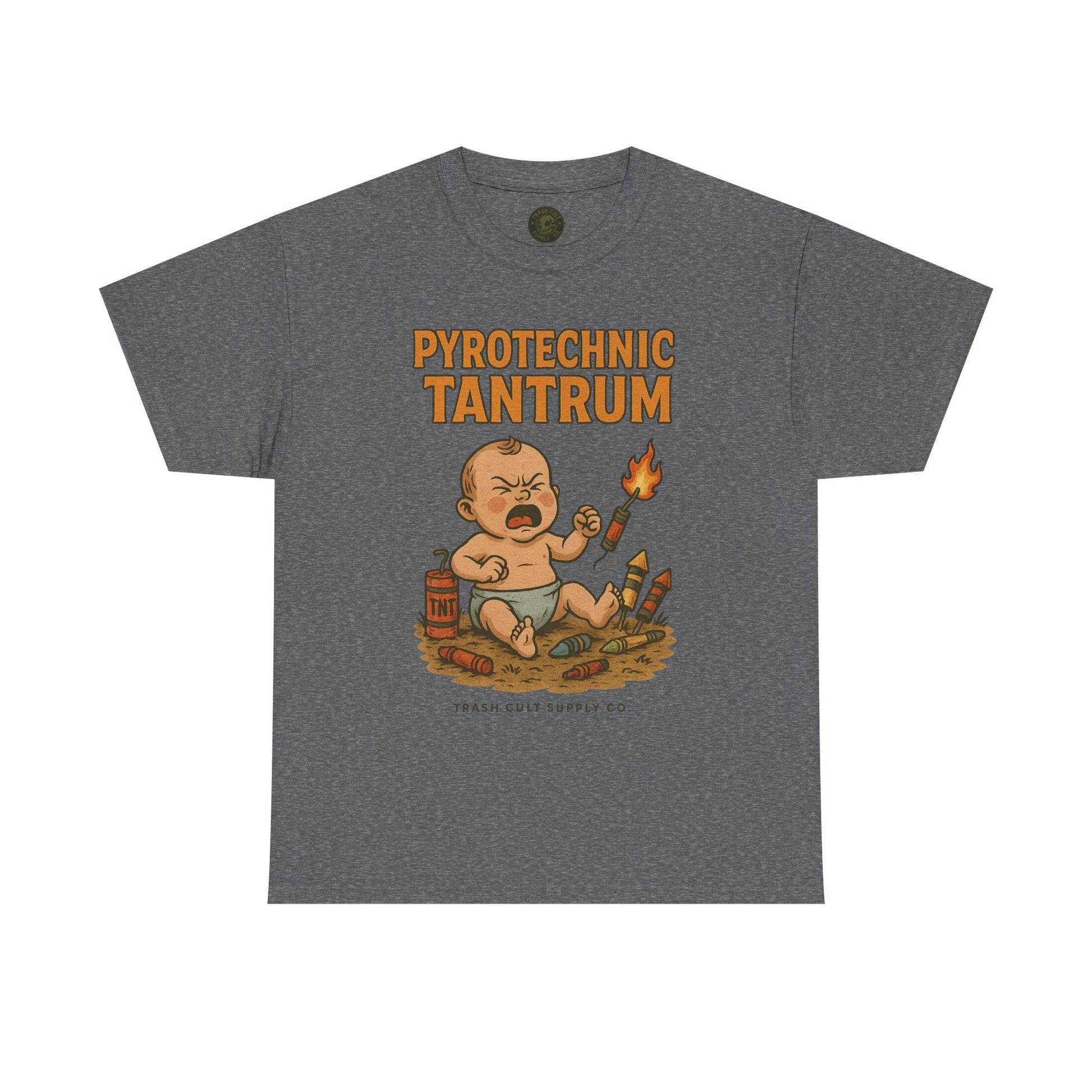 Pyrotechnic Tantrum T-Shirt – Explosive Baby Humor Graphic | Trash Cult Supply Co. | Gildan 5000 Tee