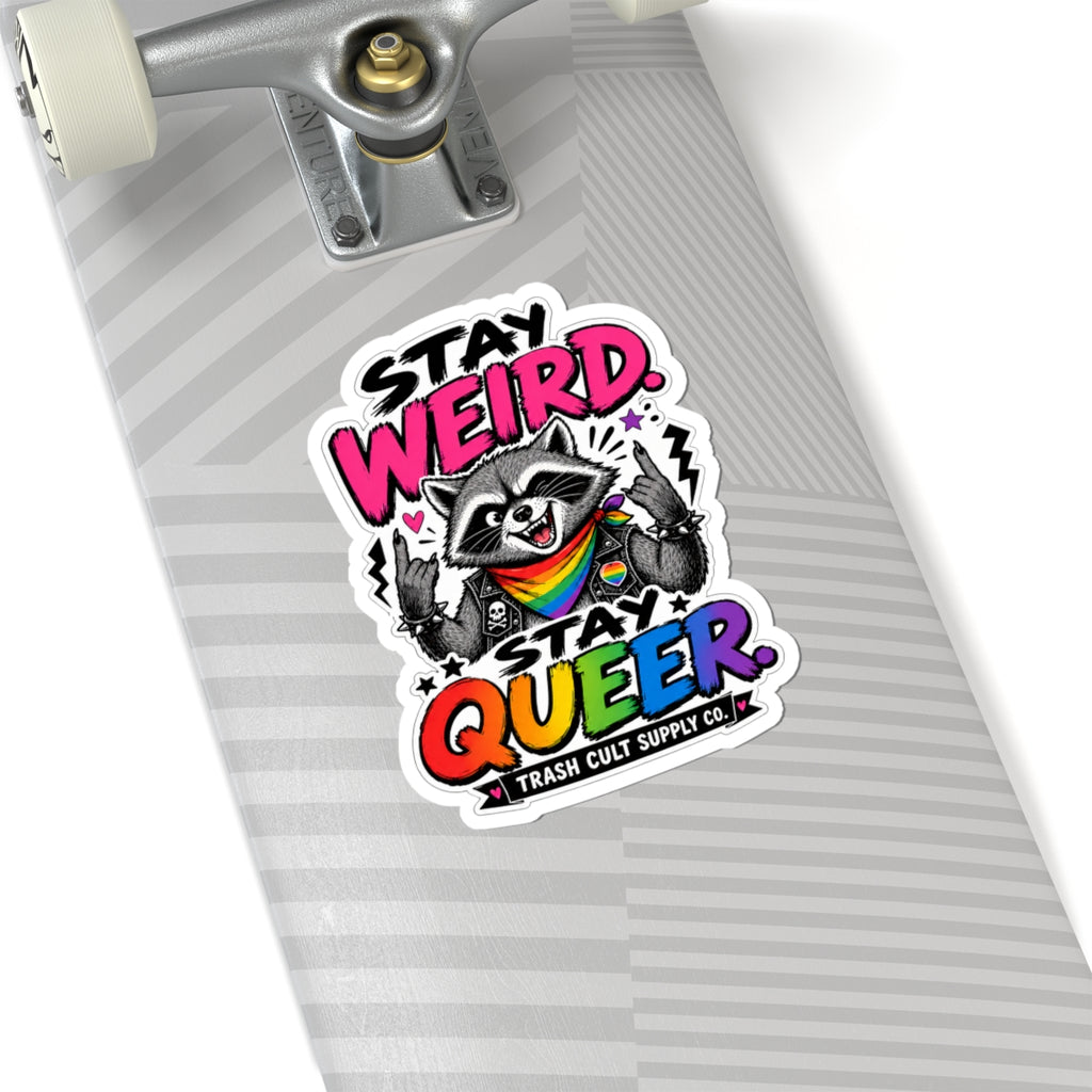 Stay Weird Stay Queer Sticker — Rainbow Raccoon LGBTQ Pride Kiss-Cut Sticker