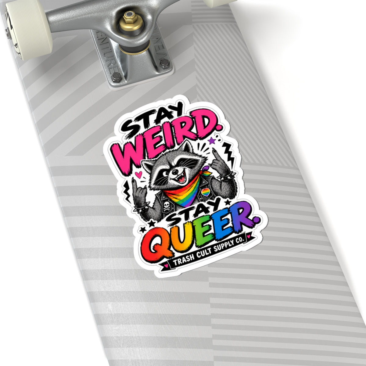 Stay Weird Stay Queer Sticker — Rainbow Raccoon LGBTQ Pride Kiss-Cut Sticker