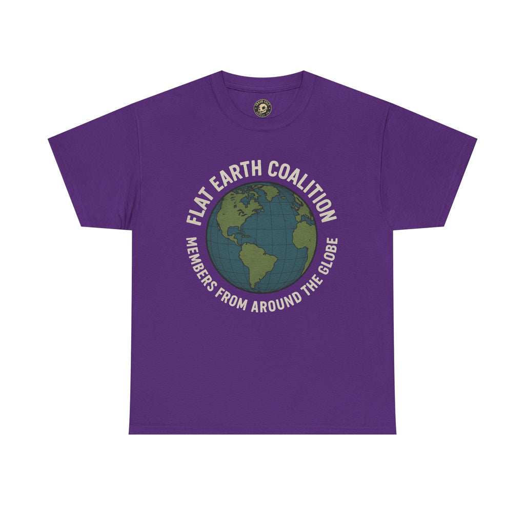 Flat Earth Coalition Funny Globe Parody Shirt – “Members From Around the Globe” Tee – Satirical Conspiracy Theory Humor Tee