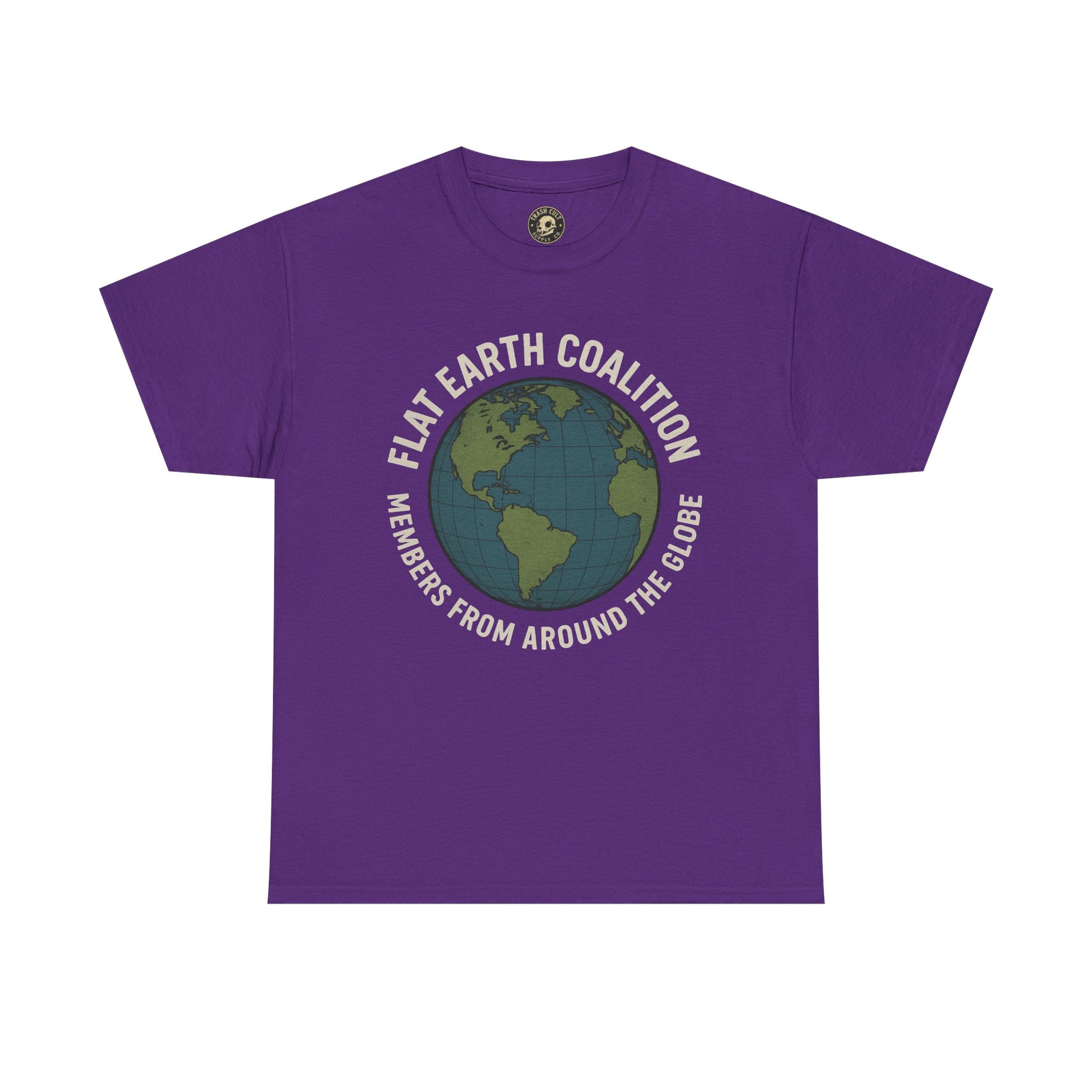 Flat Earth Coalition Funny Globe Parody Shirt – “Members From Around the Globe” Tee – Satirical Conspiracy Theory Humor Tee
