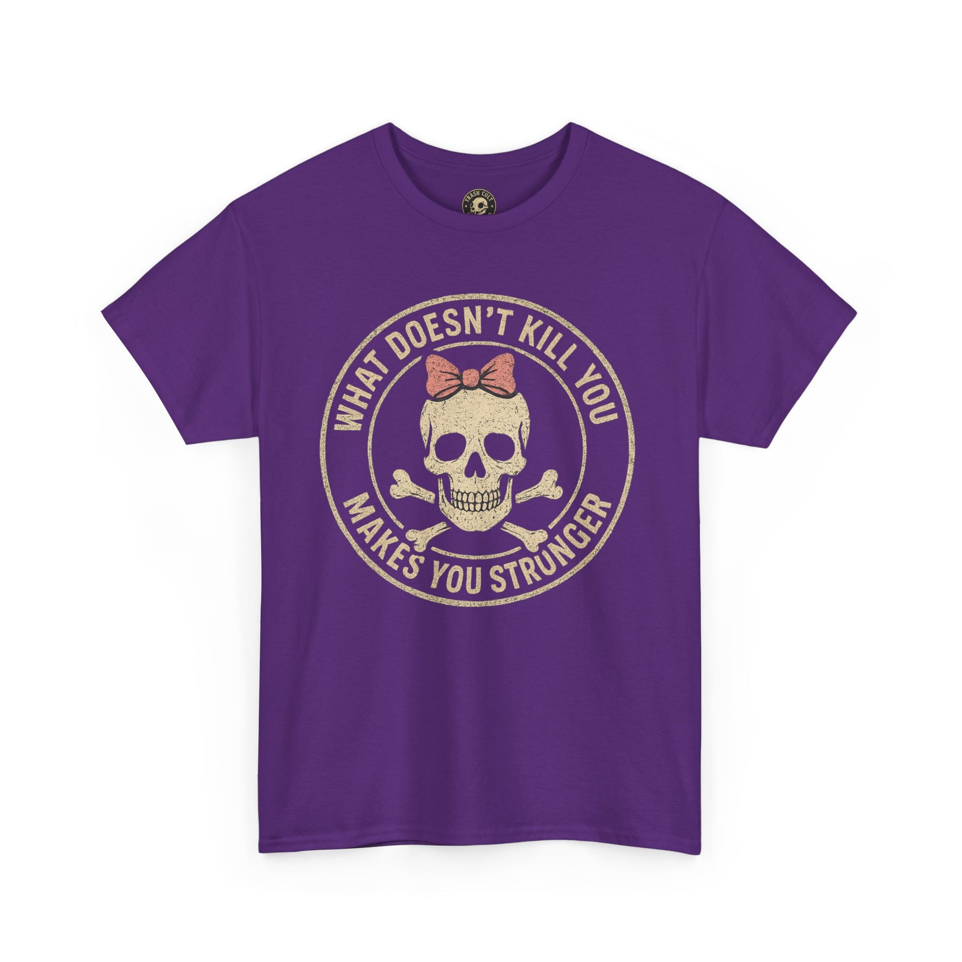 “What Doesn’t Kill You Makes You Stronger” Skull & Bow T-Shirt – Vintage Grunge Graphic | Gildan 5000