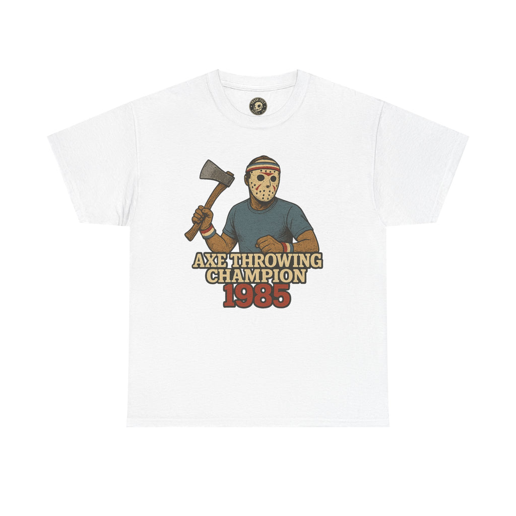 Jason Voorhees Axe Throwing Champion 1985 T-Shirt – Retro Slasher Workout Parody | Gildan 5000 Tee