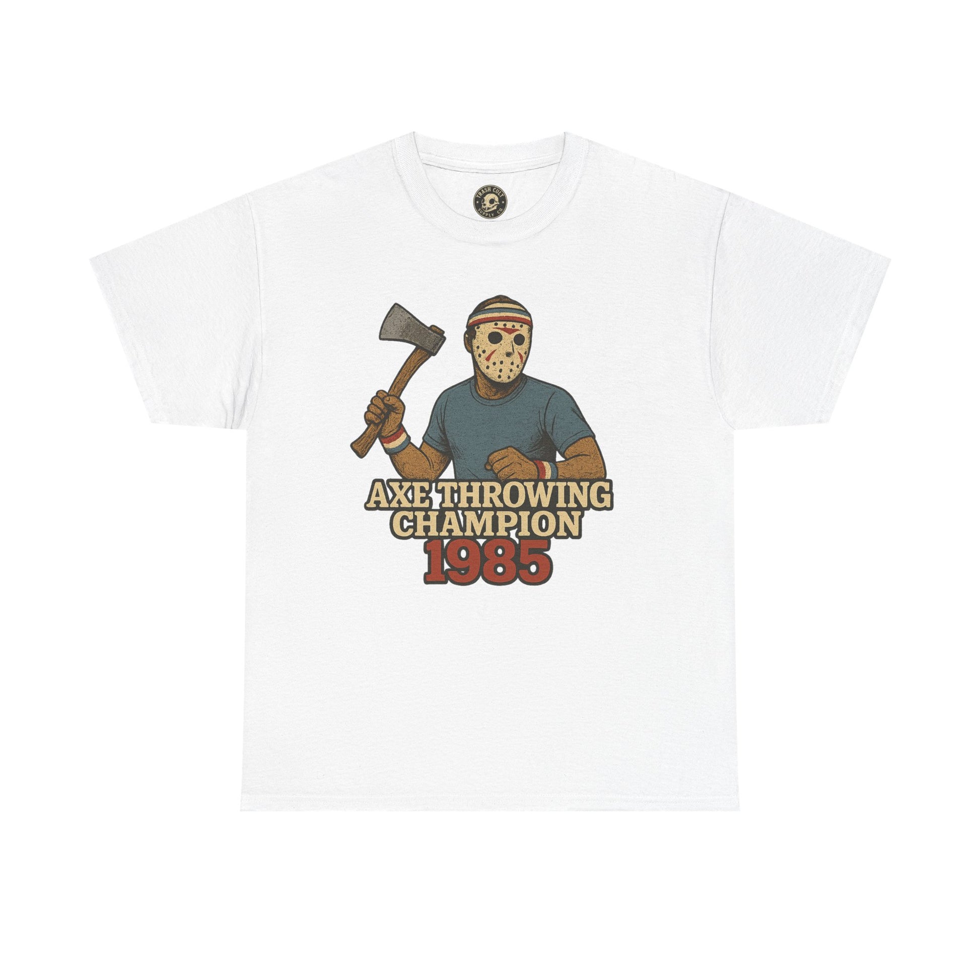 Jason Voorhees Axe Throwing Champion 1985 T-Shirt – Retro Slasher Workout Parody | Gildan 5000 Tee