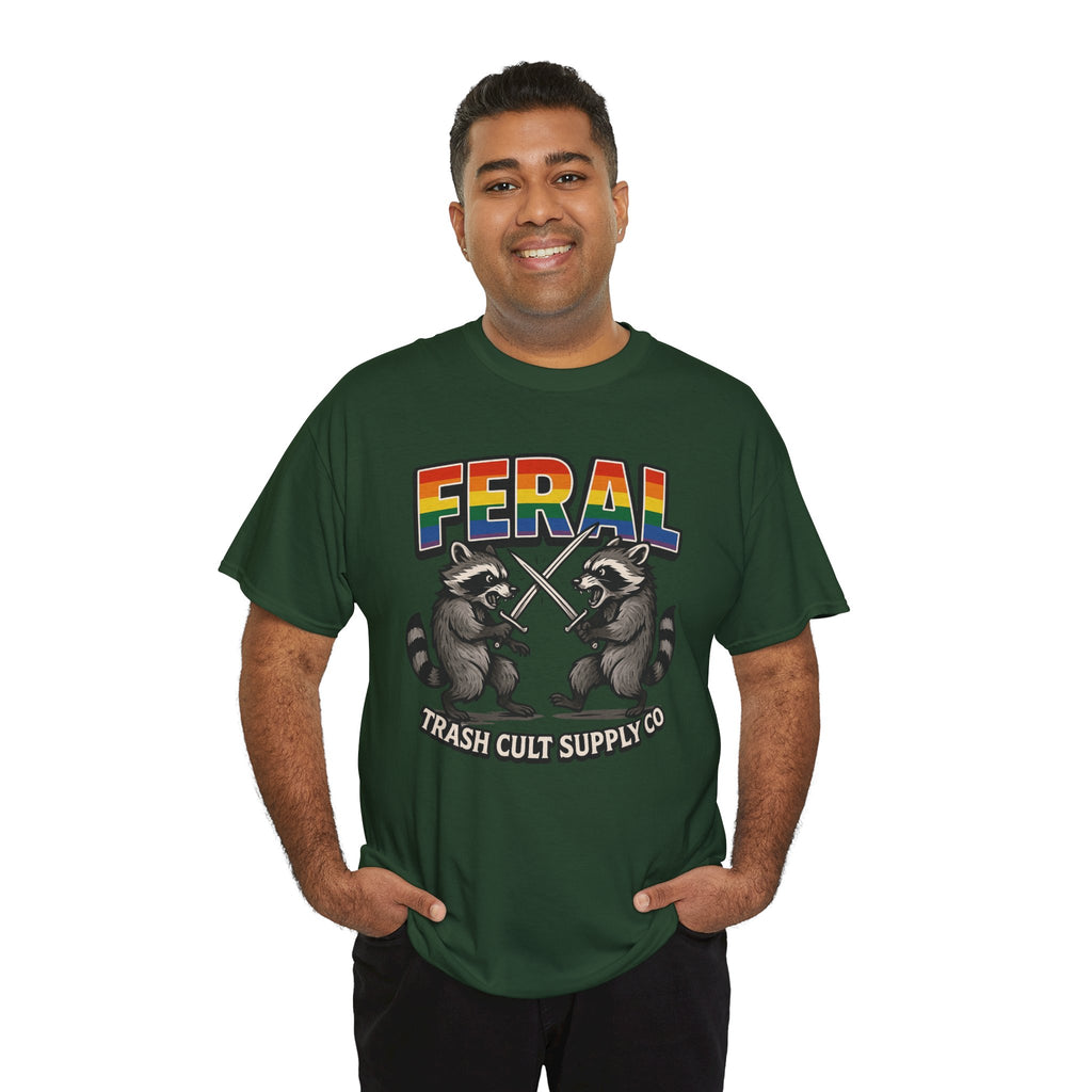 FERAL Rainbow Raccoon Sword Fighting Graphic Tee – Gildan 5000 Heavy Cotton
