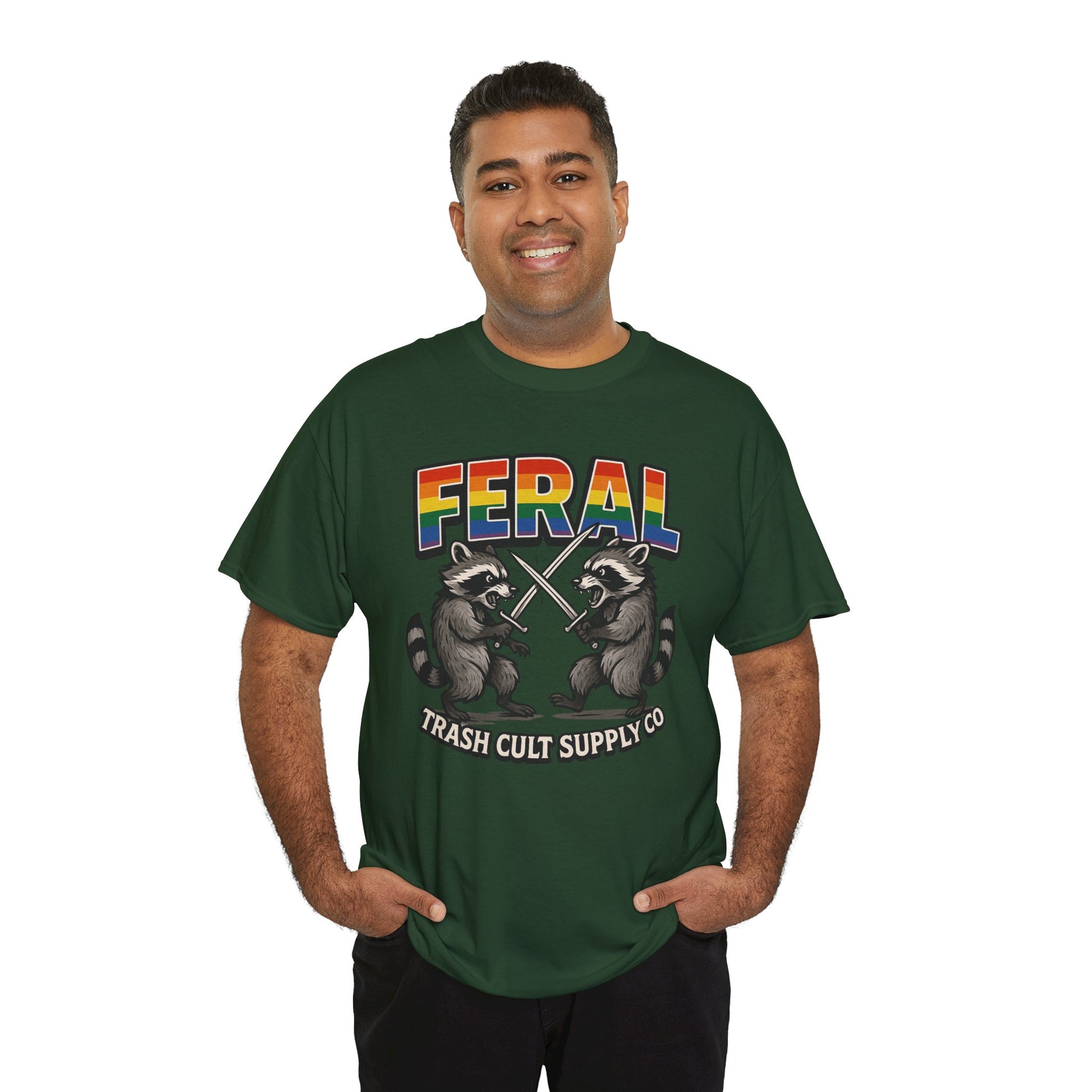 FERAL Rainbow Raccoon Sword Fighting Graphic Tee – Gildan 5000 Heavy Cotton