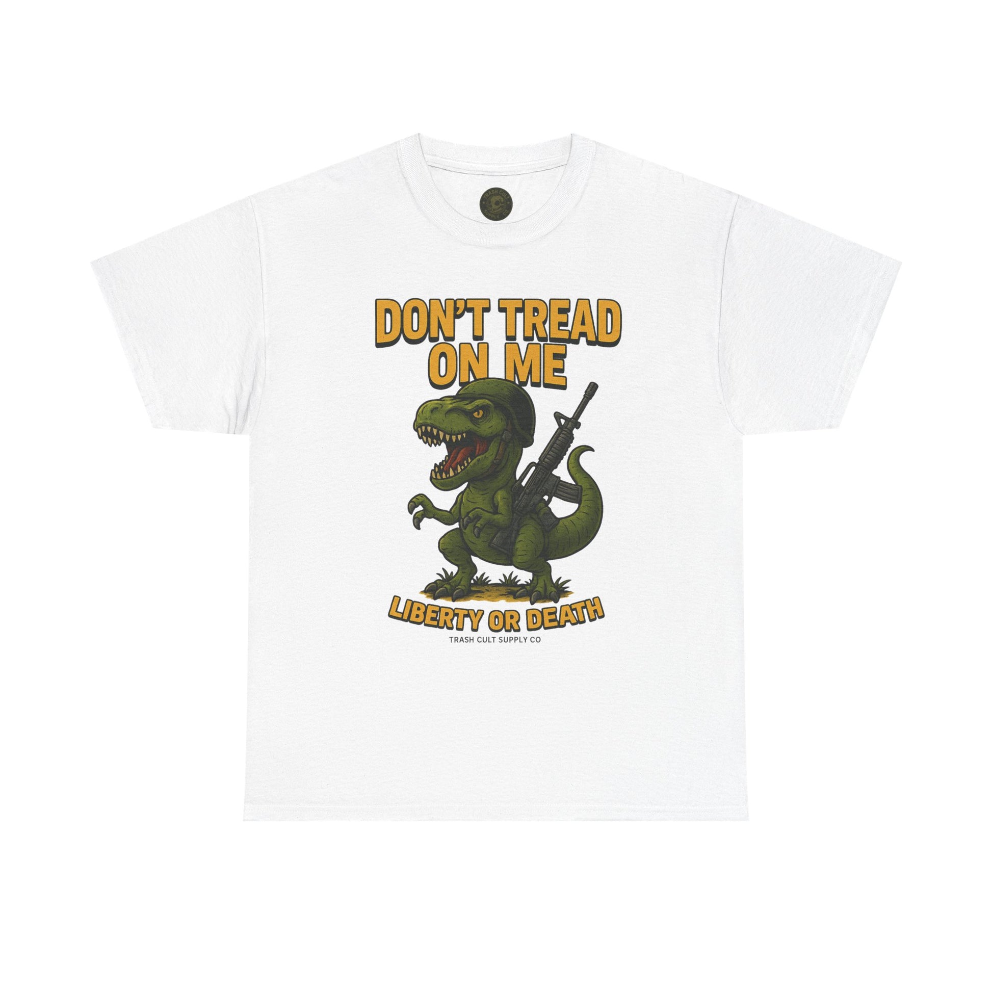 Don’t Tread On Me T-Rex T-Shirt – Liberty or Death Graphic | Trash Cult Supply Co. | Gildan 5000 Heavy Cotton