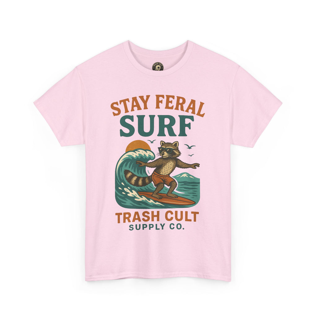 Stay Feral Surf Shirt – Retro Raccoon Beach Tee – Trash Cult Supply Co – Gildan 5000