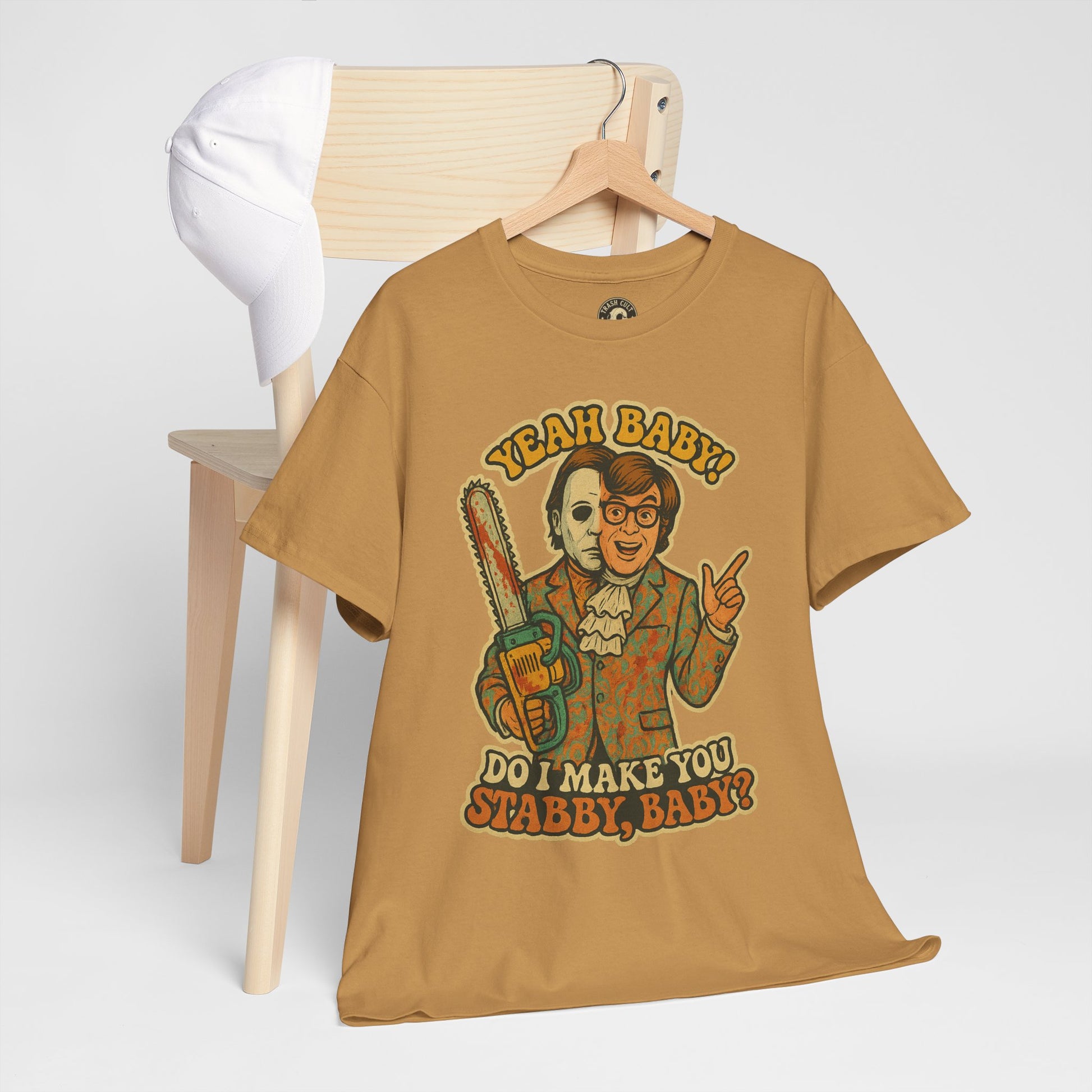 Mike Myers Parody Shirt – “Do I Make You Stabby, Baby?” Funny Horror Mashup Tee – Gildan 5000 Unisex