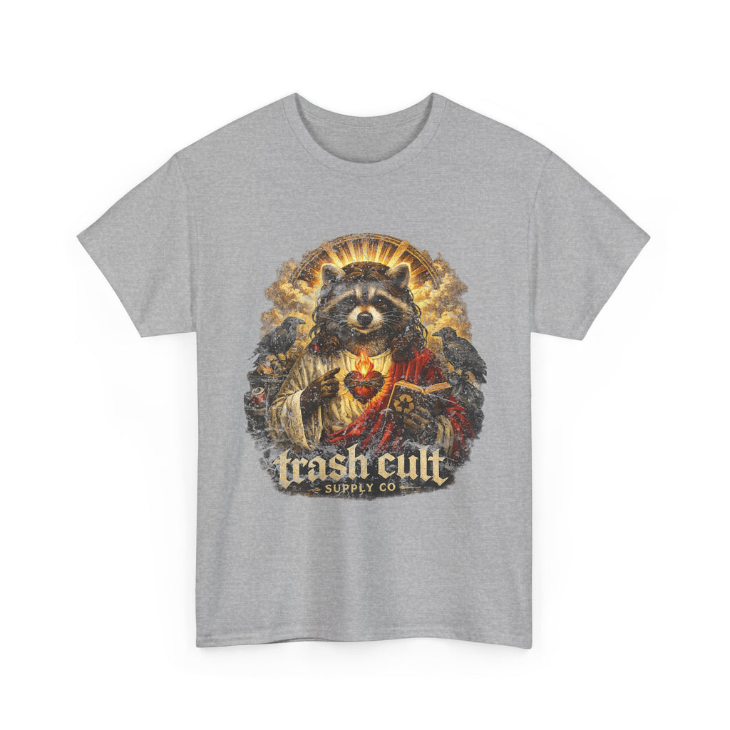 Raccoon Saint Graphic Tee — “Trash Cult” Vintage Devotional Design