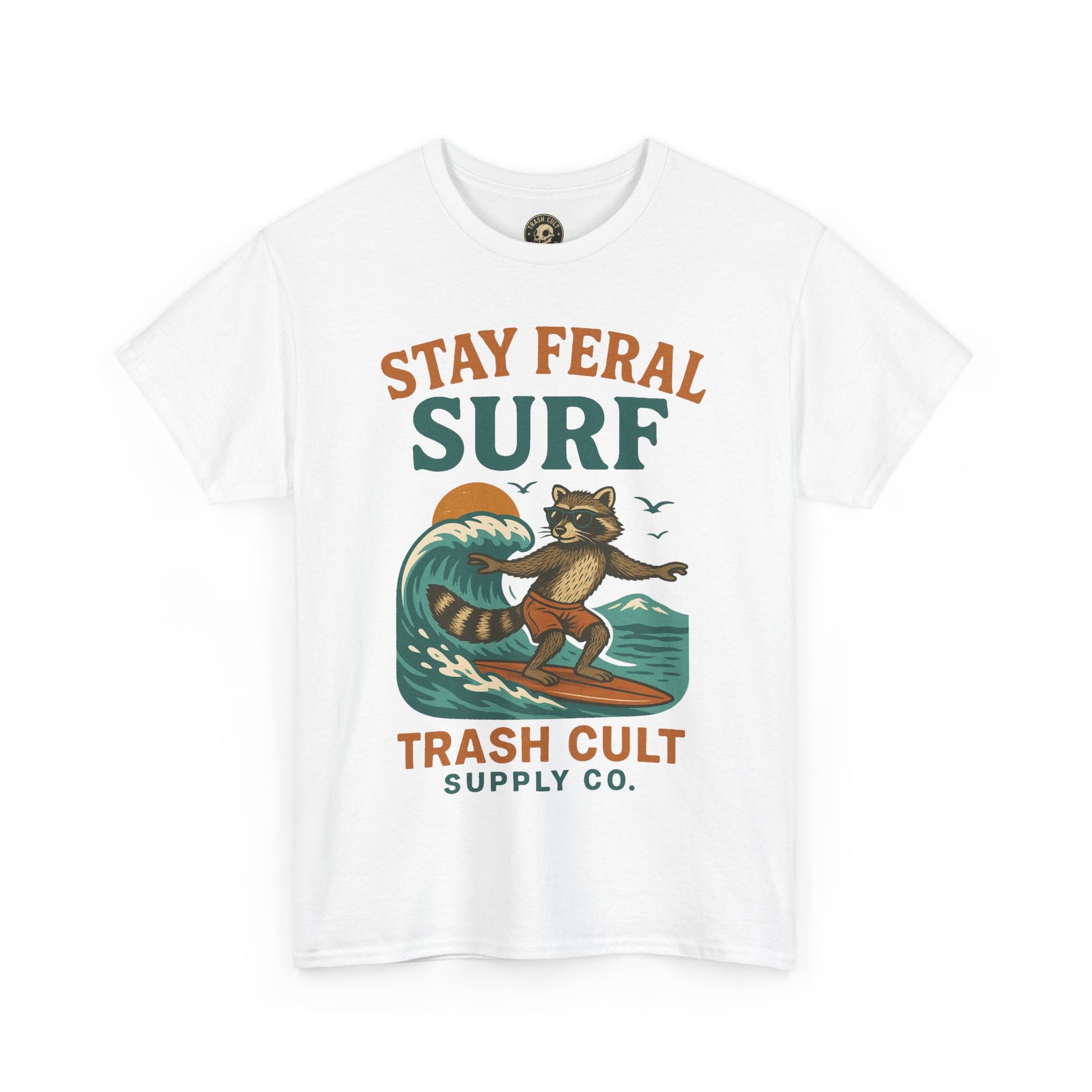 Stay Feral Surf Shirt – Retro Raccoon Beach Tee – Trash Cult Supply Co – Gildan 5000