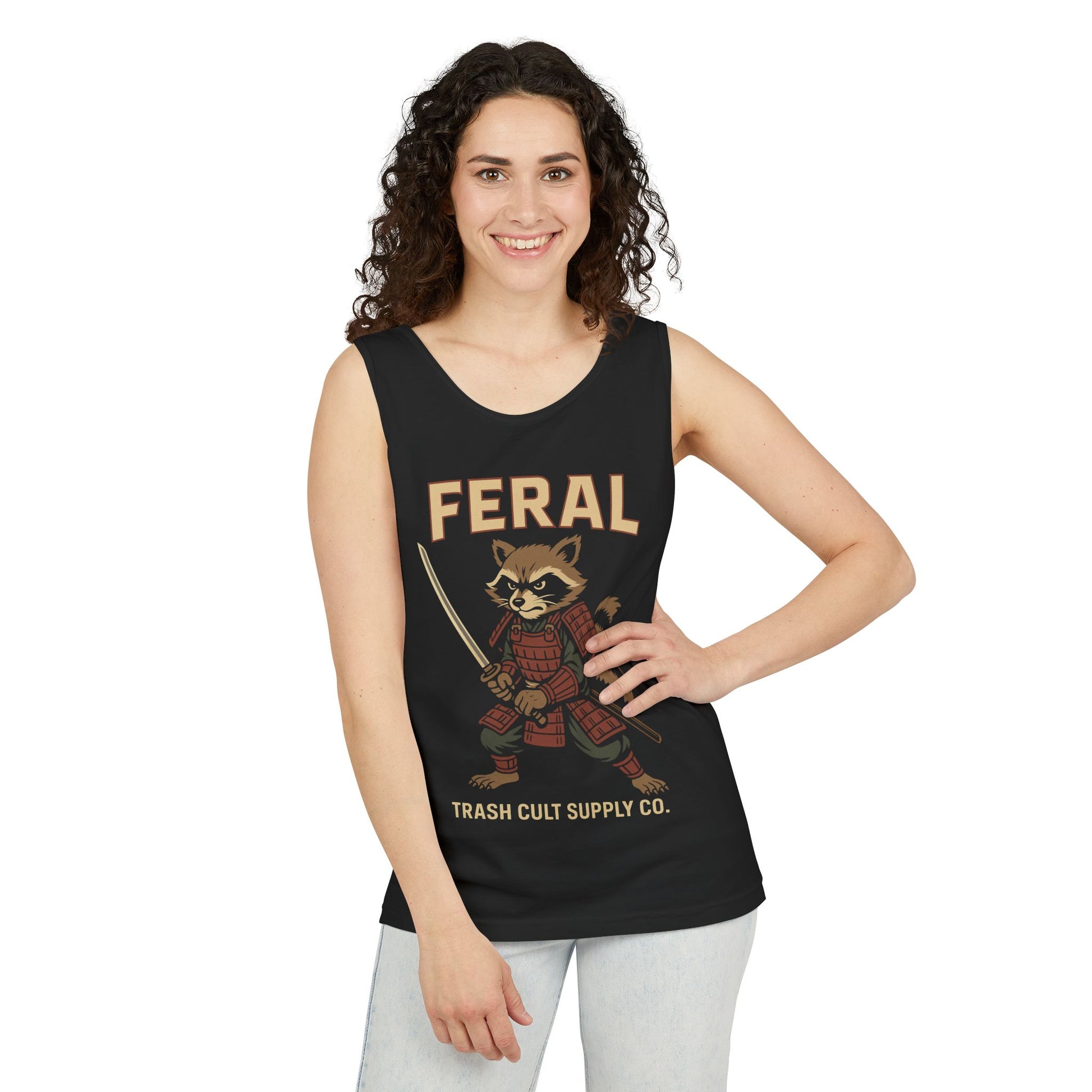 Feral Samurai Raccoon Tank Top, Unisex Graphic Tee, Summer Shirt, Gift for Animal Lovers, Trendy Outdoor Wear