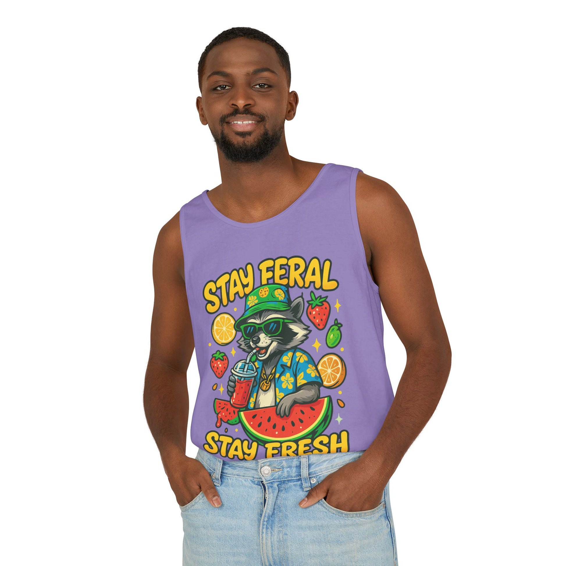 Stay Feral Stay Fresh Tank Top, Summer Apparel, Unisex Graphic Tee, Beachwear, Fun Gift for Animal Lovers