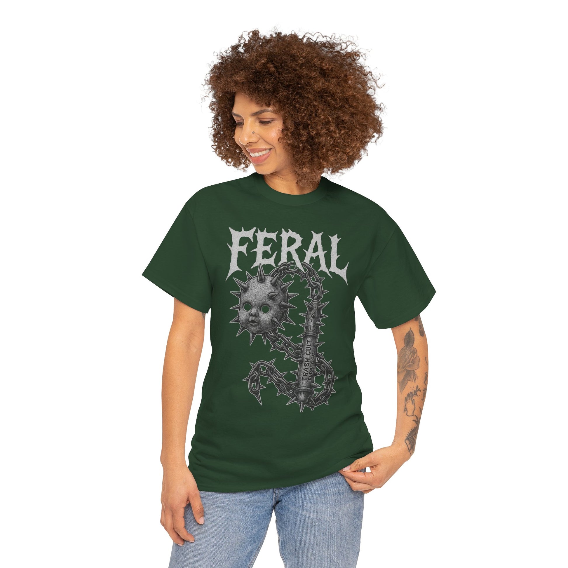 FERAL Spiked Doll Flail Tee – Halftone Gothic Weapon Shirt | Trash Cult Supply Co. | Gildan 5000