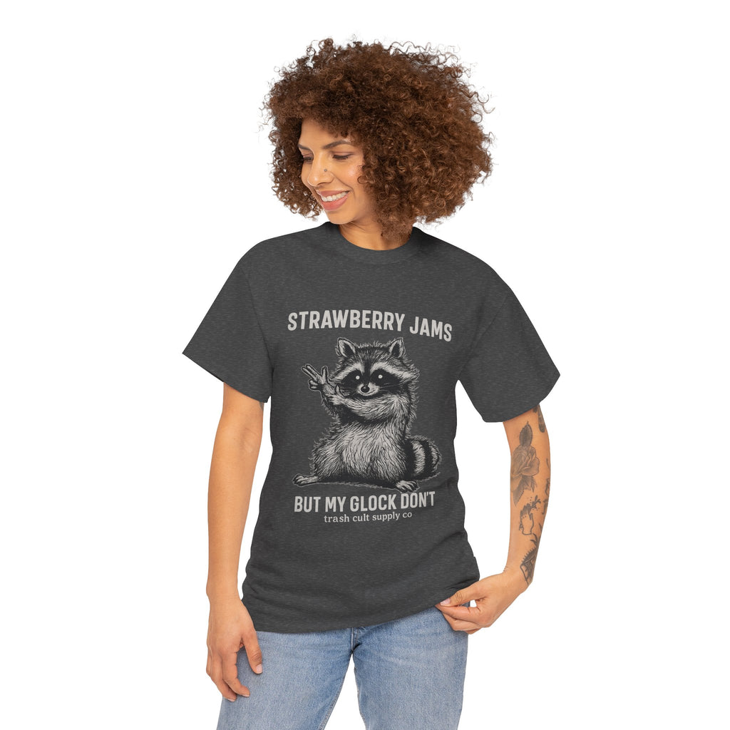 Strawberry Jams But My Glock Don’t Raccoon Shirt – Trash Cult Supply Co. Gildan 5000 Tee