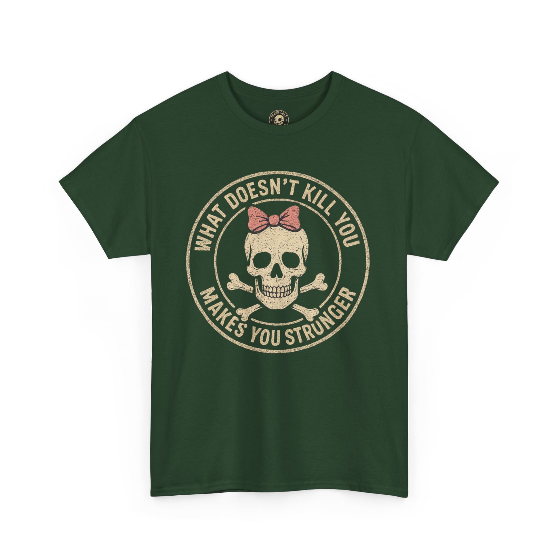 “What Doesn’t Kill You Makes You Stronger” Skull & Bow T-Shirt – Vintage Grunge Graphic | Gildan 5000