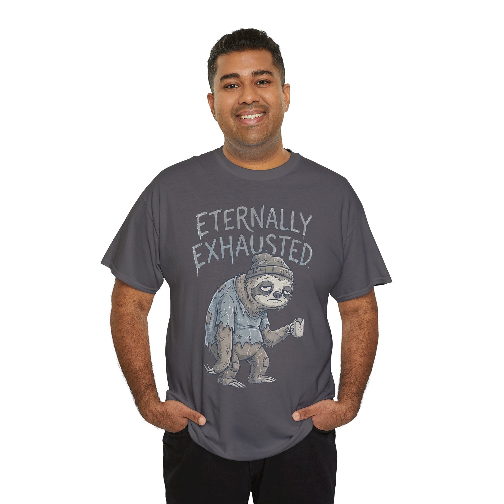 T-Shirt — 'Eternally Exhausted' Sloth Graphic Tee (Funny Coffee Lover Gift)