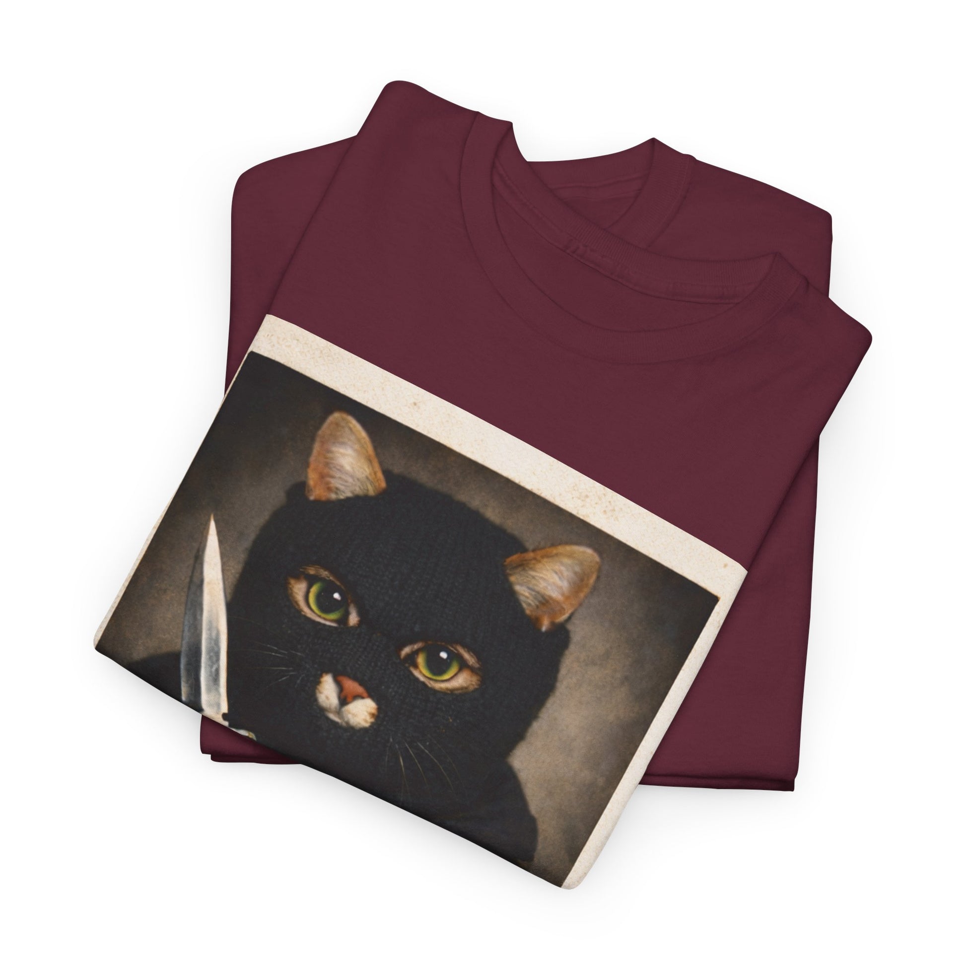 Cat With Knife Tee — "Mittens" Dark Humor Vintage Polaroid Graphic T-Shirt