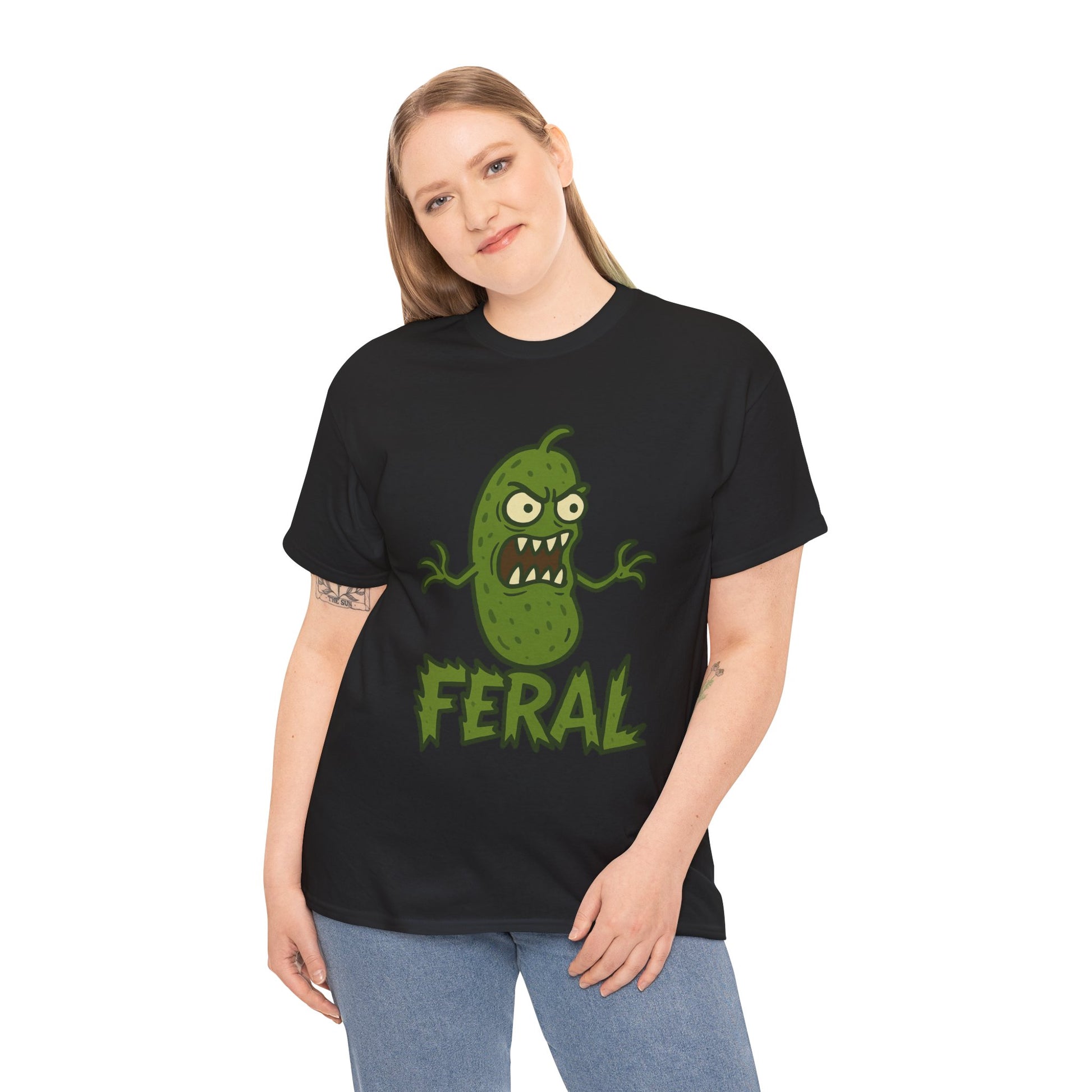 Feral Pickle Cartoon Tee – Trashcore Angry Pickle Shirt – Gildan 5000 Unisex Heavy Cotton