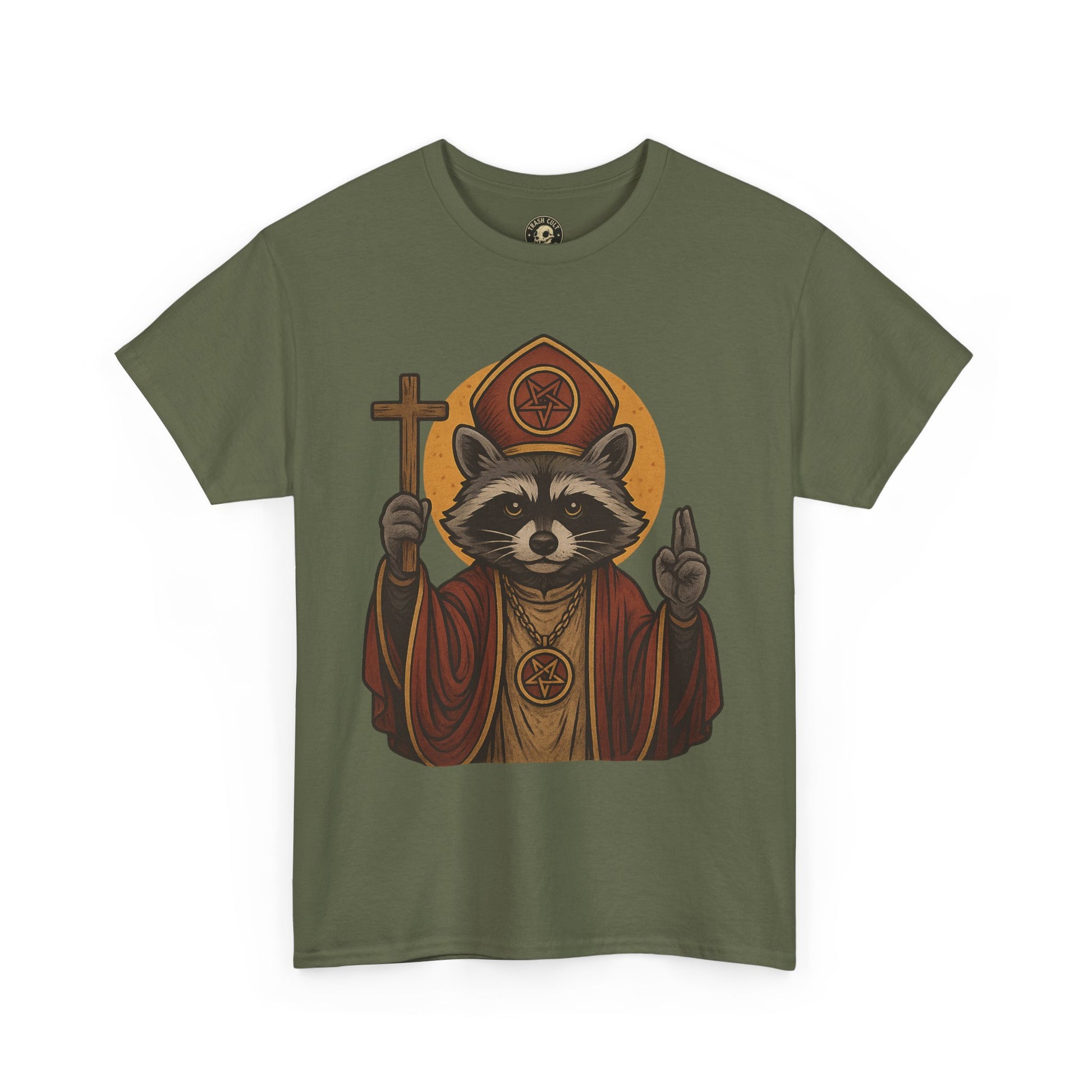 Holy Raccoon Pope Shirt – Funny Cult Priest Graphic Tee – Gildan 5000 Unisex