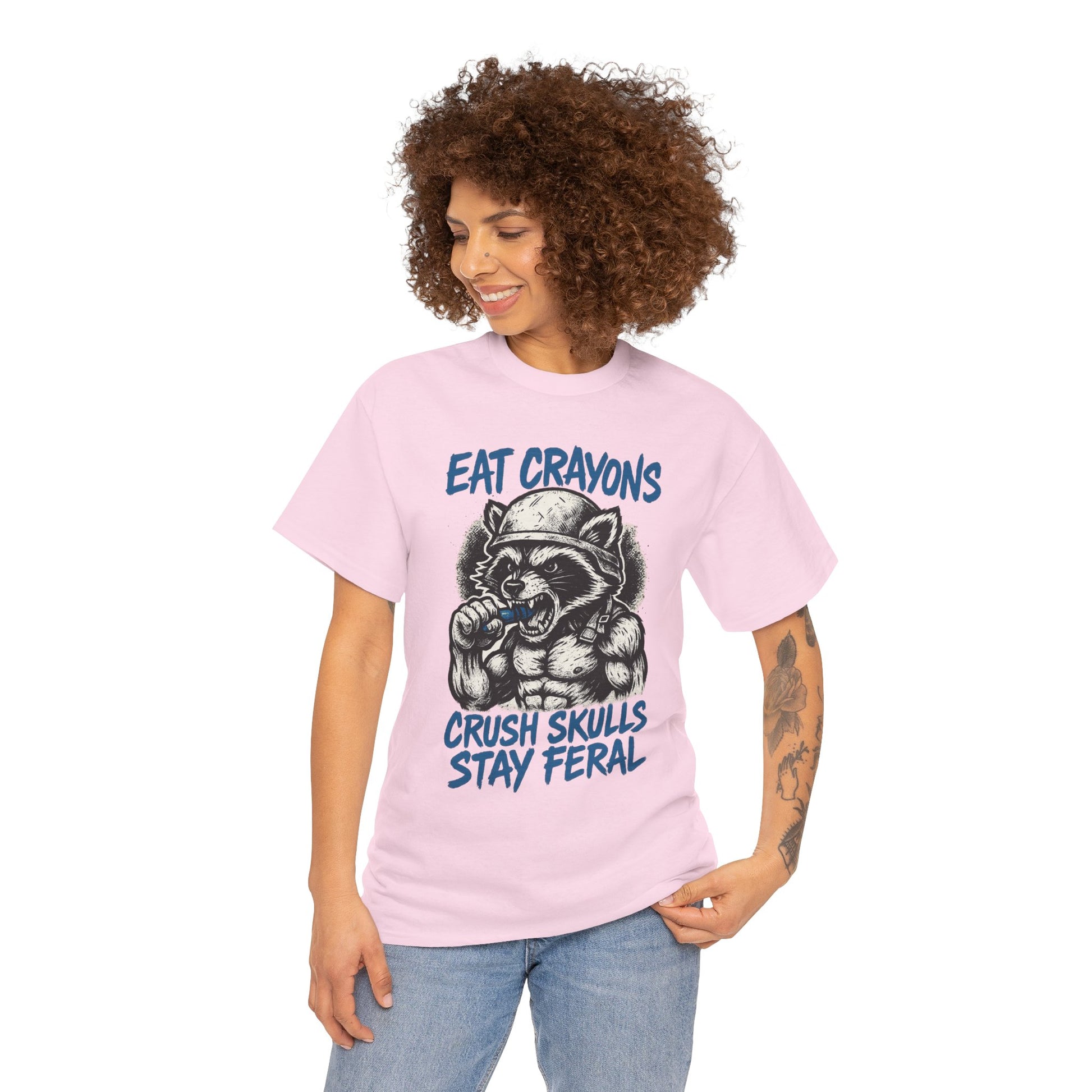 Eat Crayons Crush Skulls Stay Feral Military Raccoon Shirt – Gildan 5000