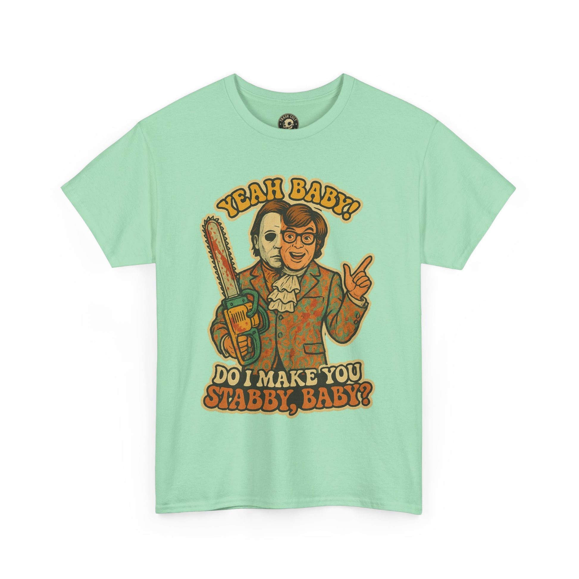 Mike Myers Parody Shirt – “Do I Make You Stabby, Baby?” Funny Horror Mashup Tee – Gildan 5000 Unisex