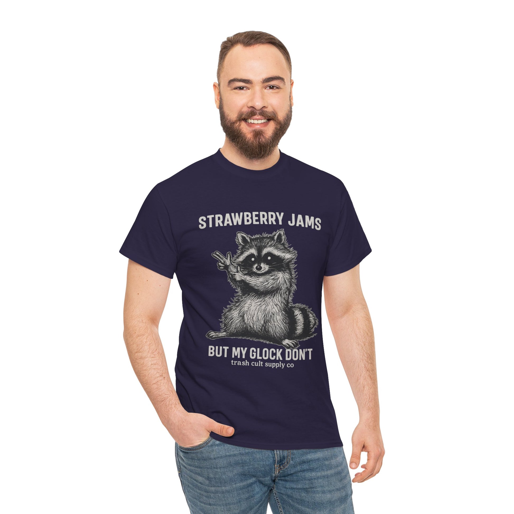 Strawberry Jams But My Glock Don’t Raccoon Shirt – Trash Cult Supply Co. Gildan 5000 Tee